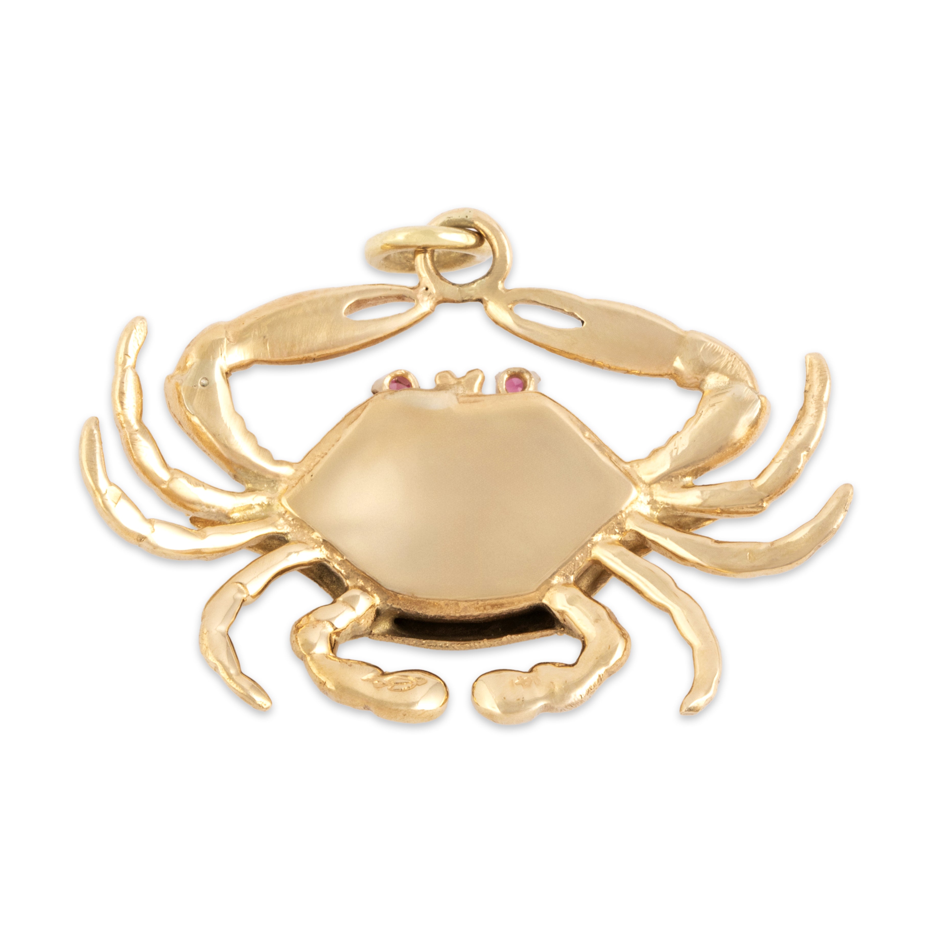 Vintage 14k Yellow Gold Synthetic Ruby Textured Nautical Grasping Crab Pendant - Back view