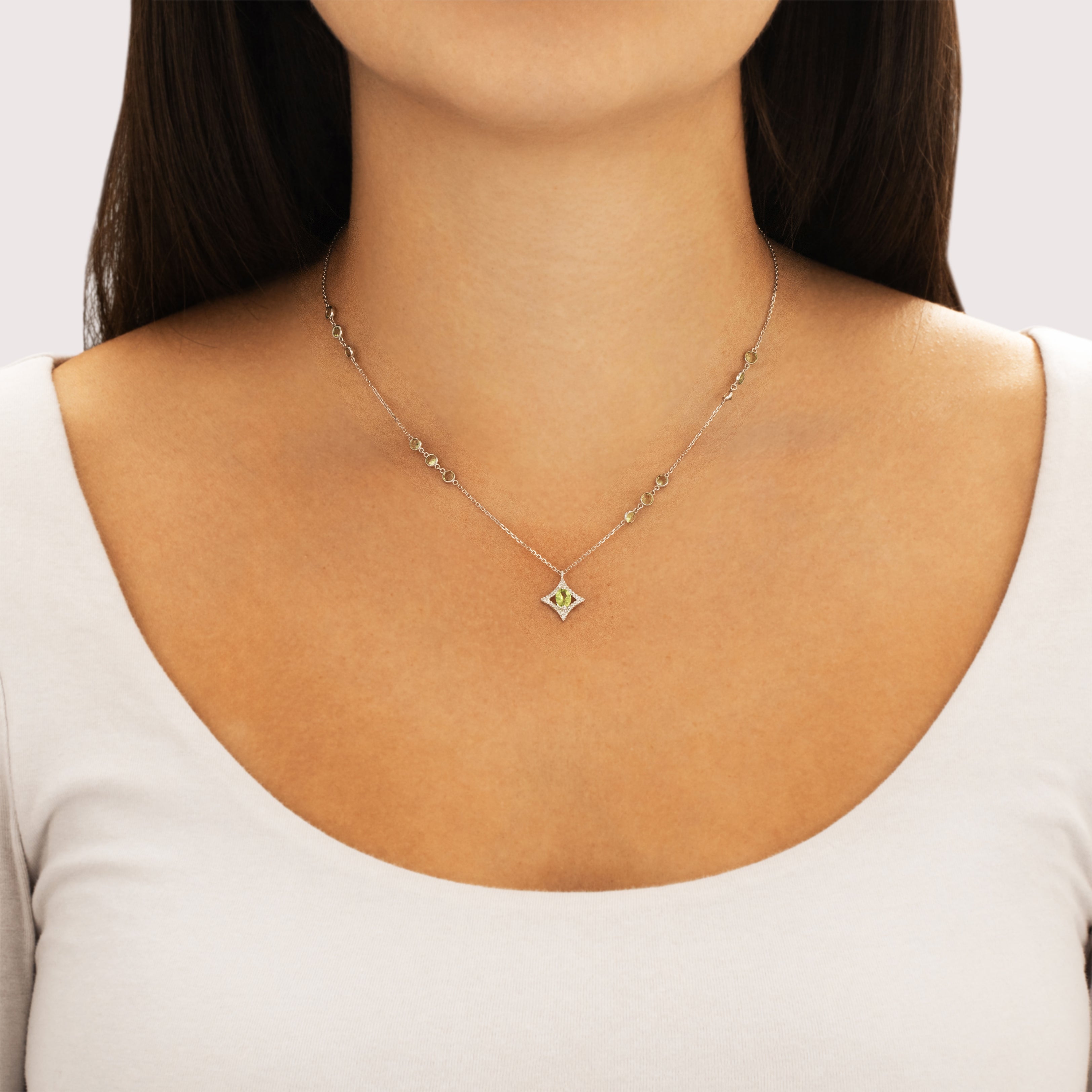 Vintage 14k White Gold 1.19cttw Peridot Diamond Chic Four-Pointed Star Bezel Station Necklace - On model view
