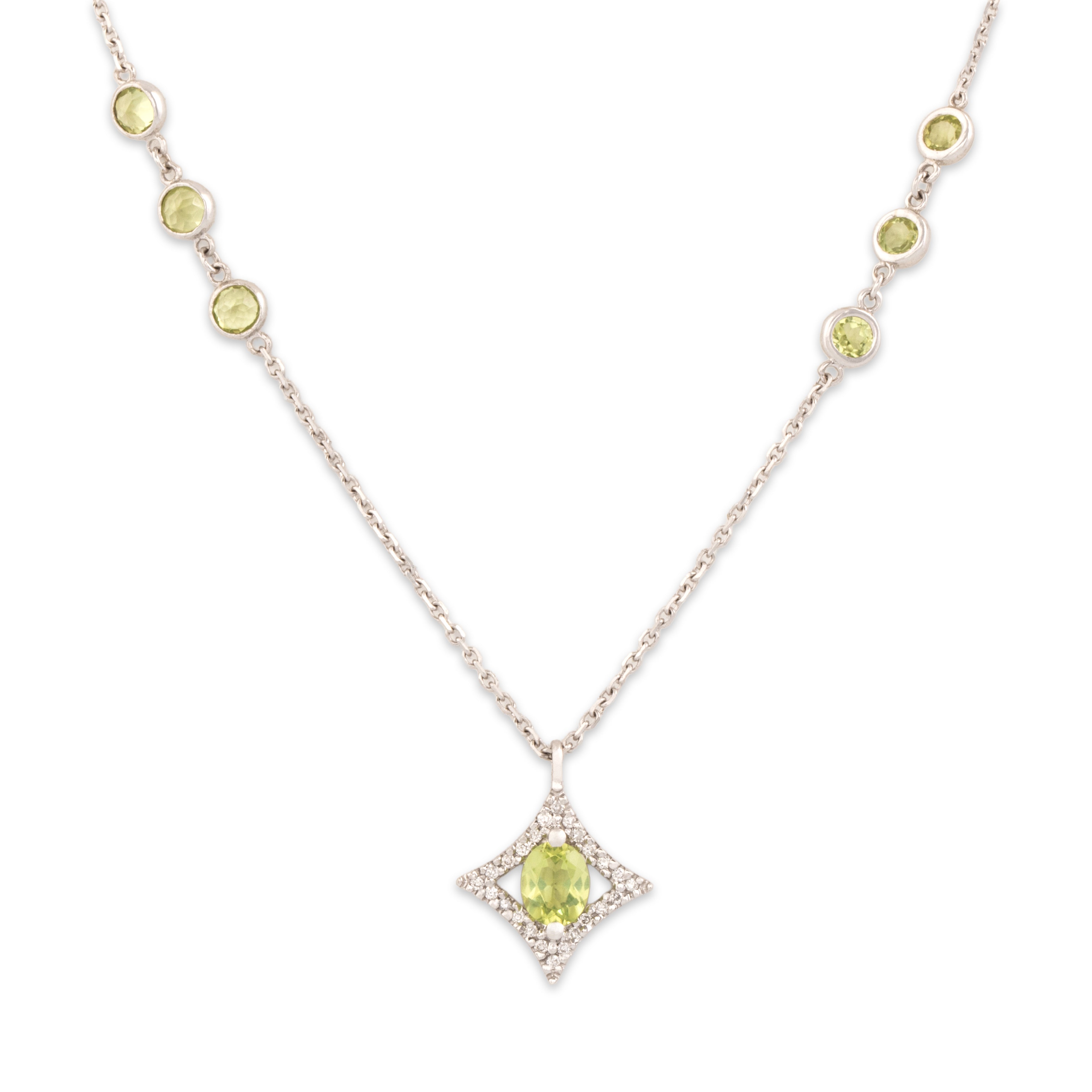 Vintage 14k White Gold 1.19cttw Peridot Diamond Chic Four-Pointed Star Bezel Station Necklace - Close-up view