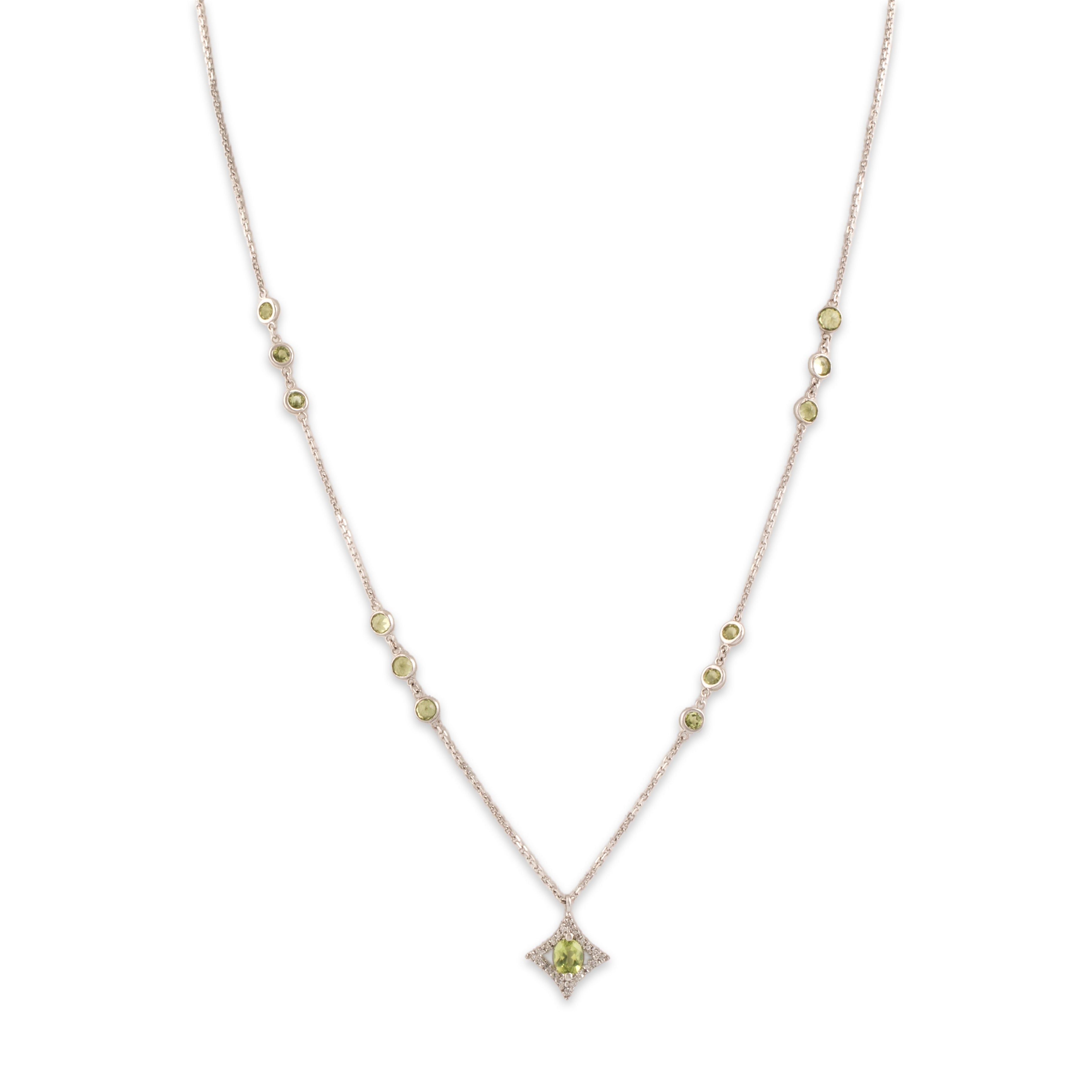 Vintage 14k White Gold 1.19cttw Peridot Diamond Chic Four-Pointed Star Bezel Station Necklace - detail view #1