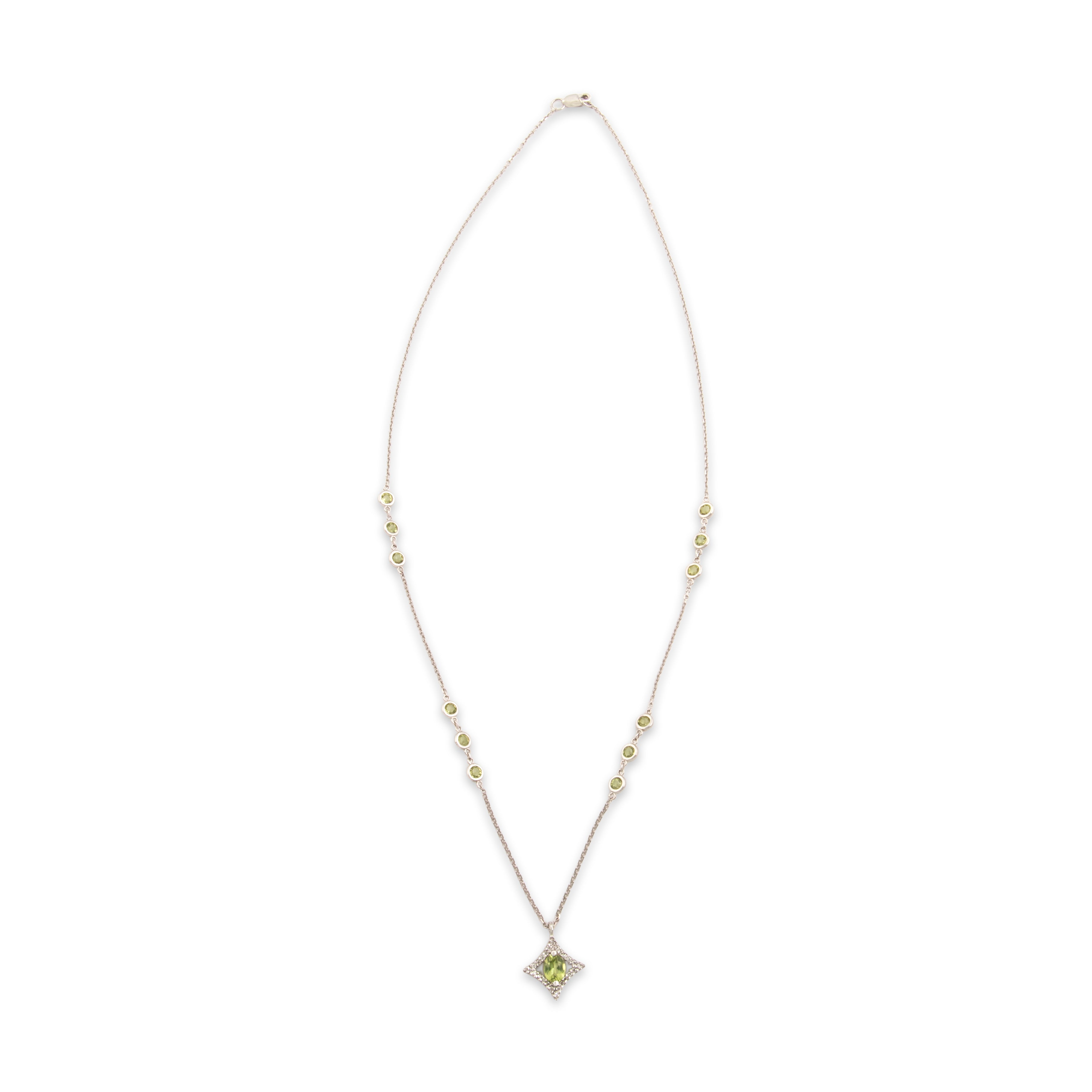 Vintage 14k White Gold 1.19cttw Peridot Diamond Chic Four-Pointed Star Bezel Station Necklace - Overall view