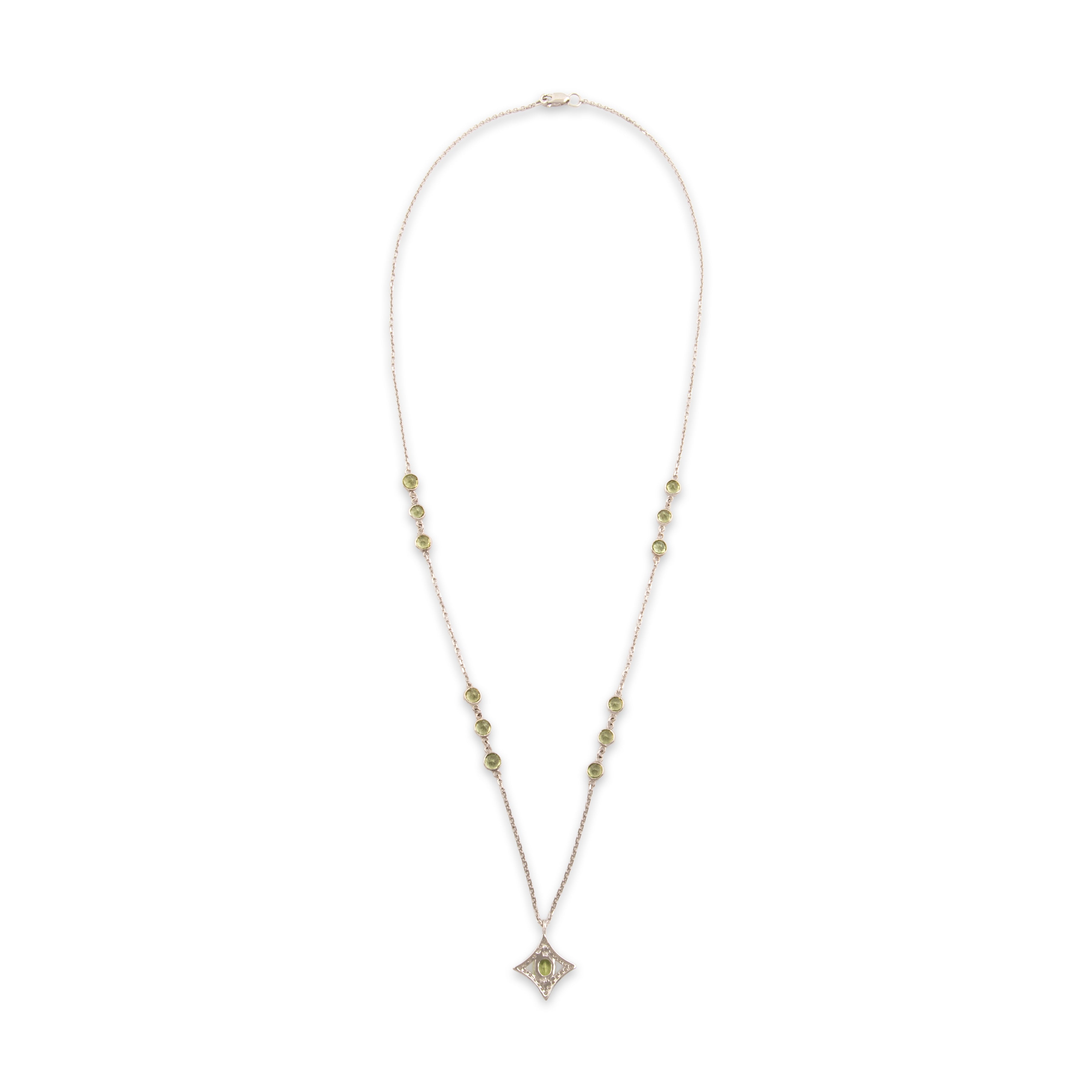 Vintage 14k White Gold 1.19cttw Peridot Diamond Chic Four-Pointed Star Bezel Station Necklace - Back view