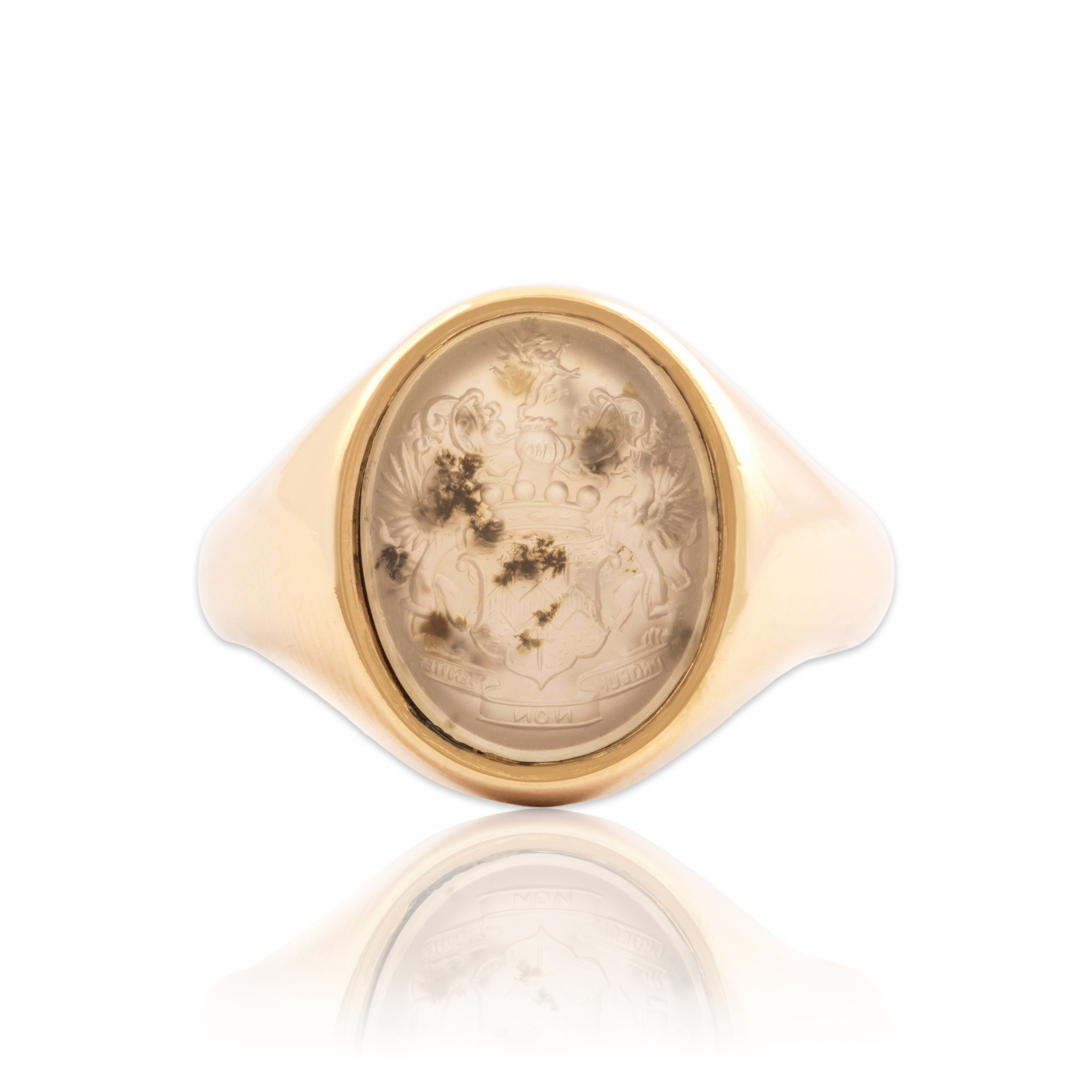 Antique 14k Yellow Gold 4.03ct Moss Agate Incredible Heraldic Crest Ring 10.75