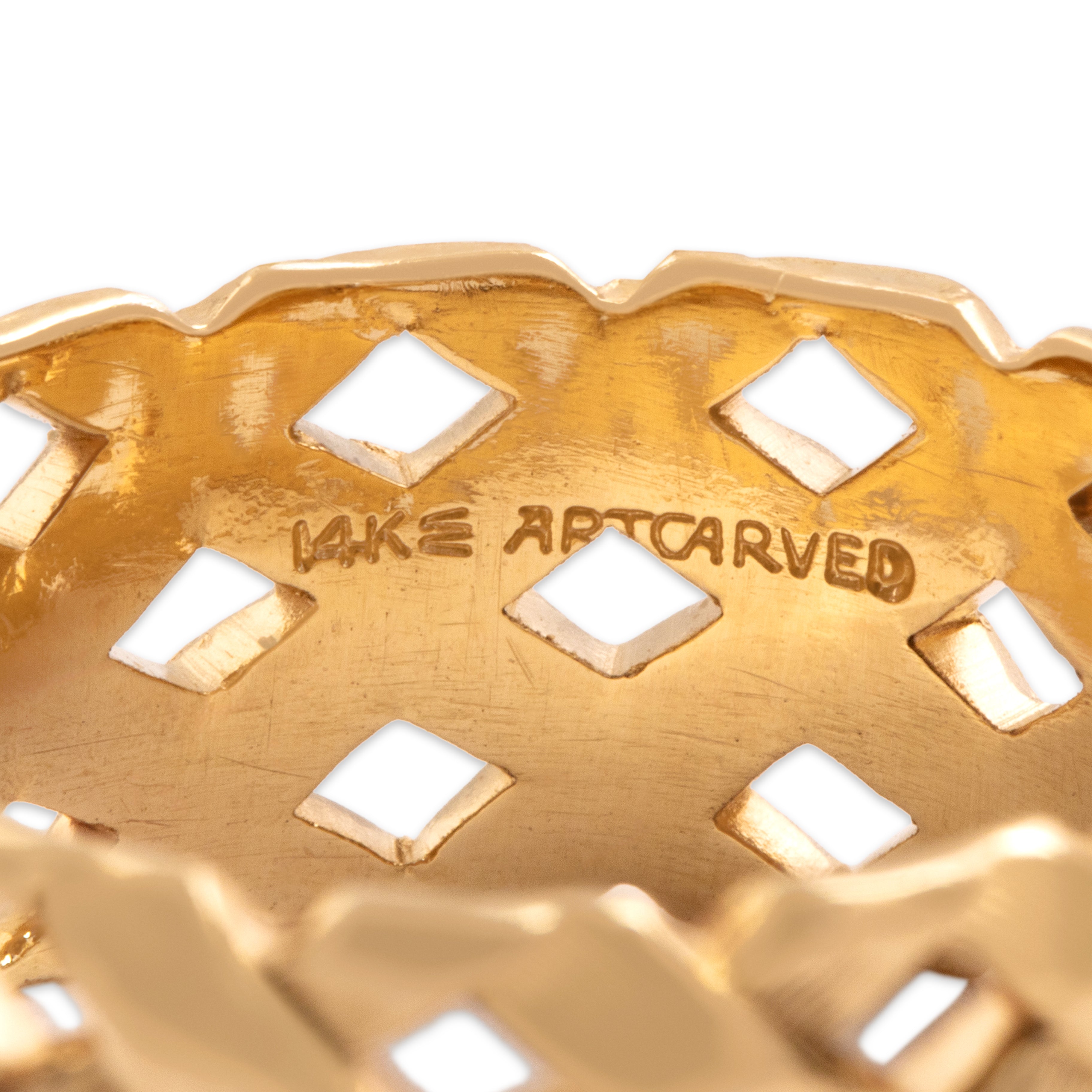 Vintage Art Carved 14k Yellow Gold Open Woven Textured Band Ring - Hallmark view