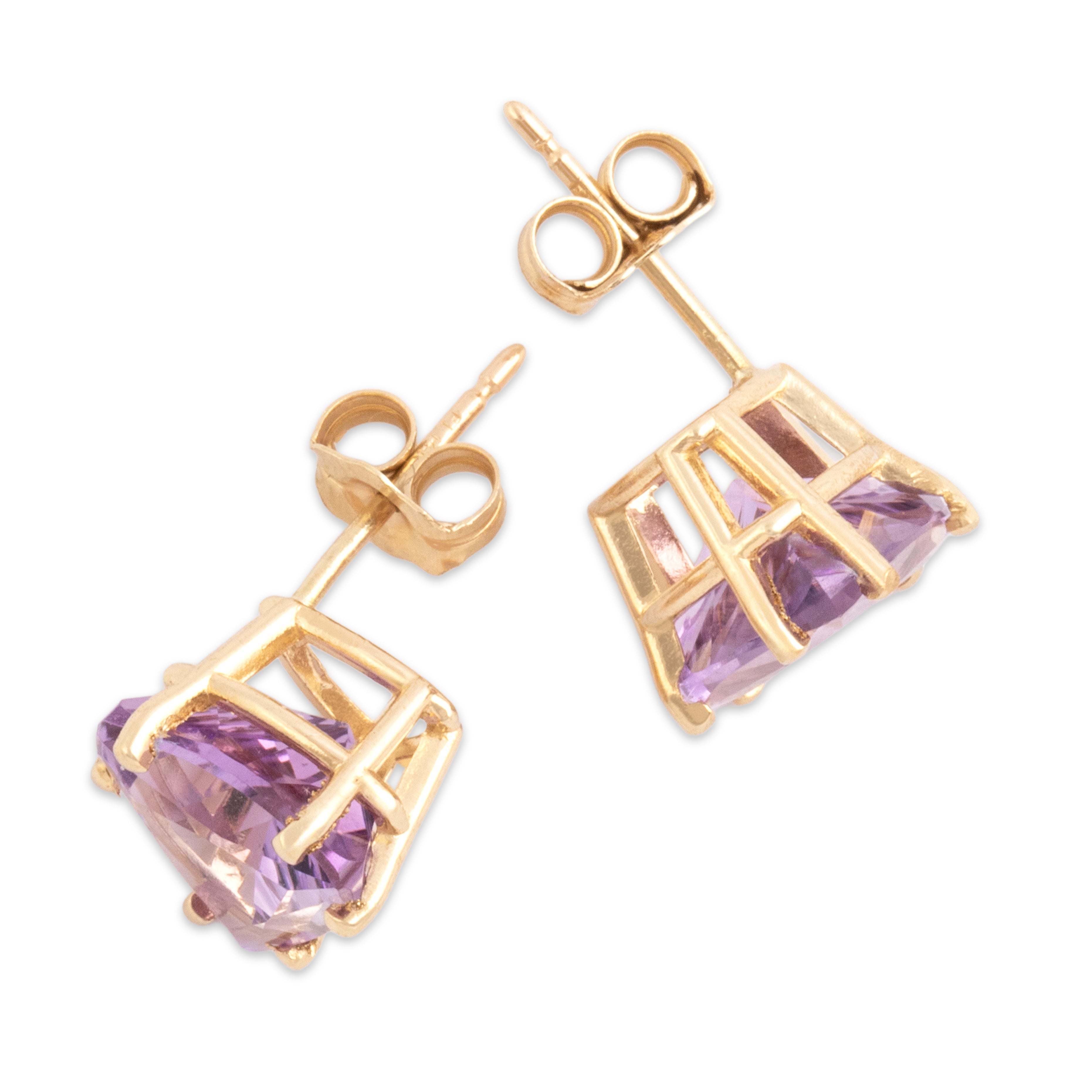 Vintage 14k Yellow Gold 2.89cttw Amethyst Mystical Fancy-Cut Trilliant Stud Earrings - Side view
