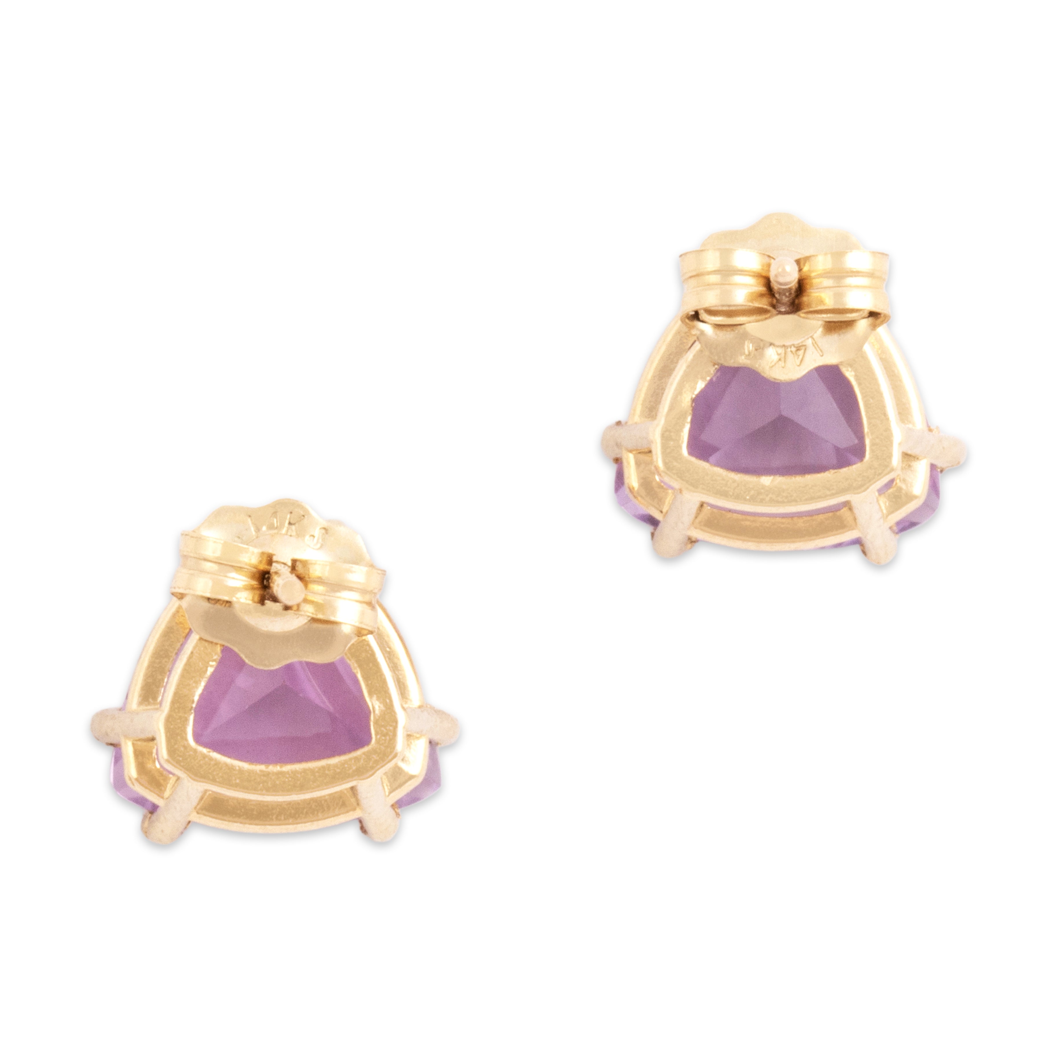 Vintage 14k Yellow Gold 2.89cttw Amethyst Mystical Fancy-Cut Trilliant Stud Earrings - Back view