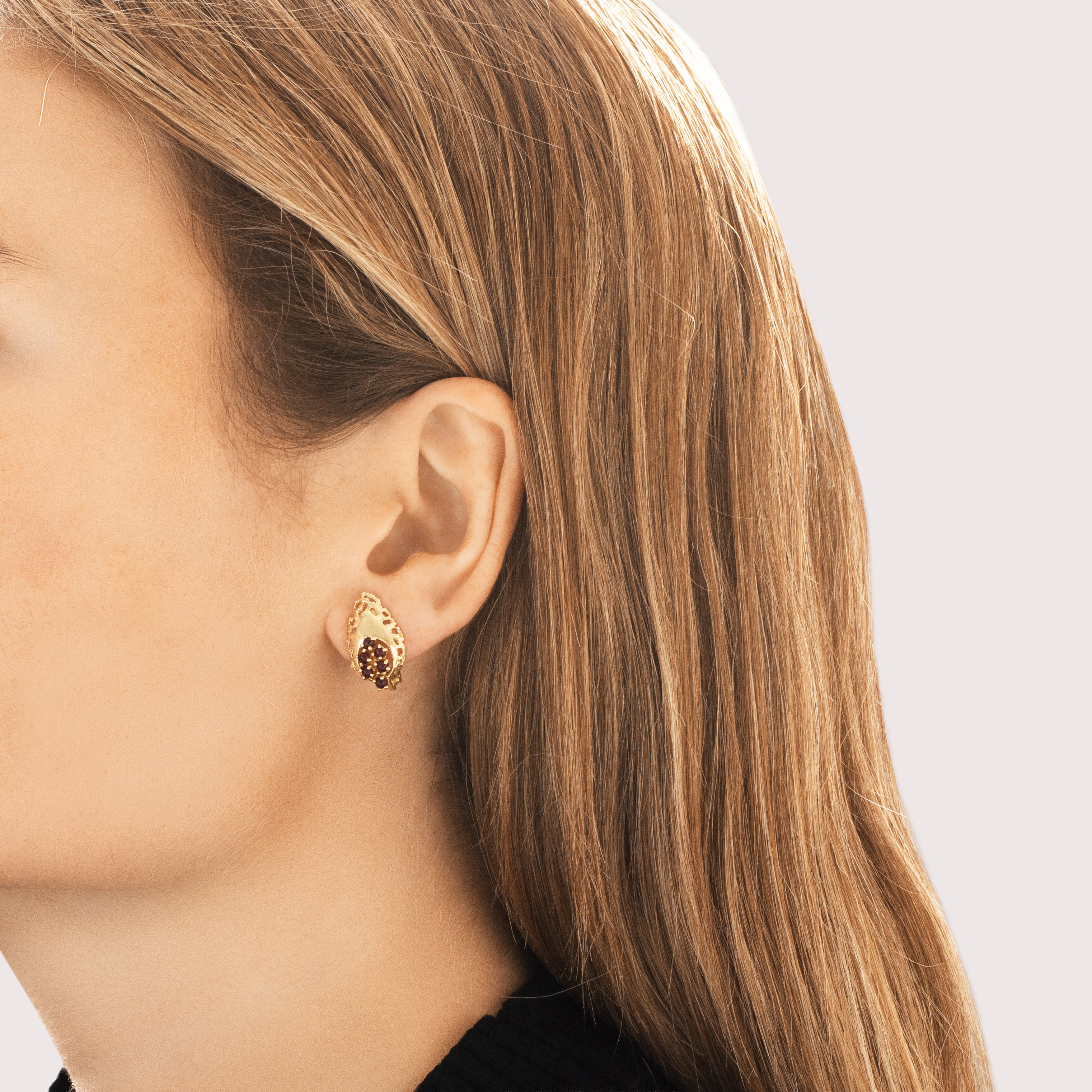 Vintage 14k Yellow Gold Garnet Organic Textured Cluster Leaf Omega Back Earrings - On model view