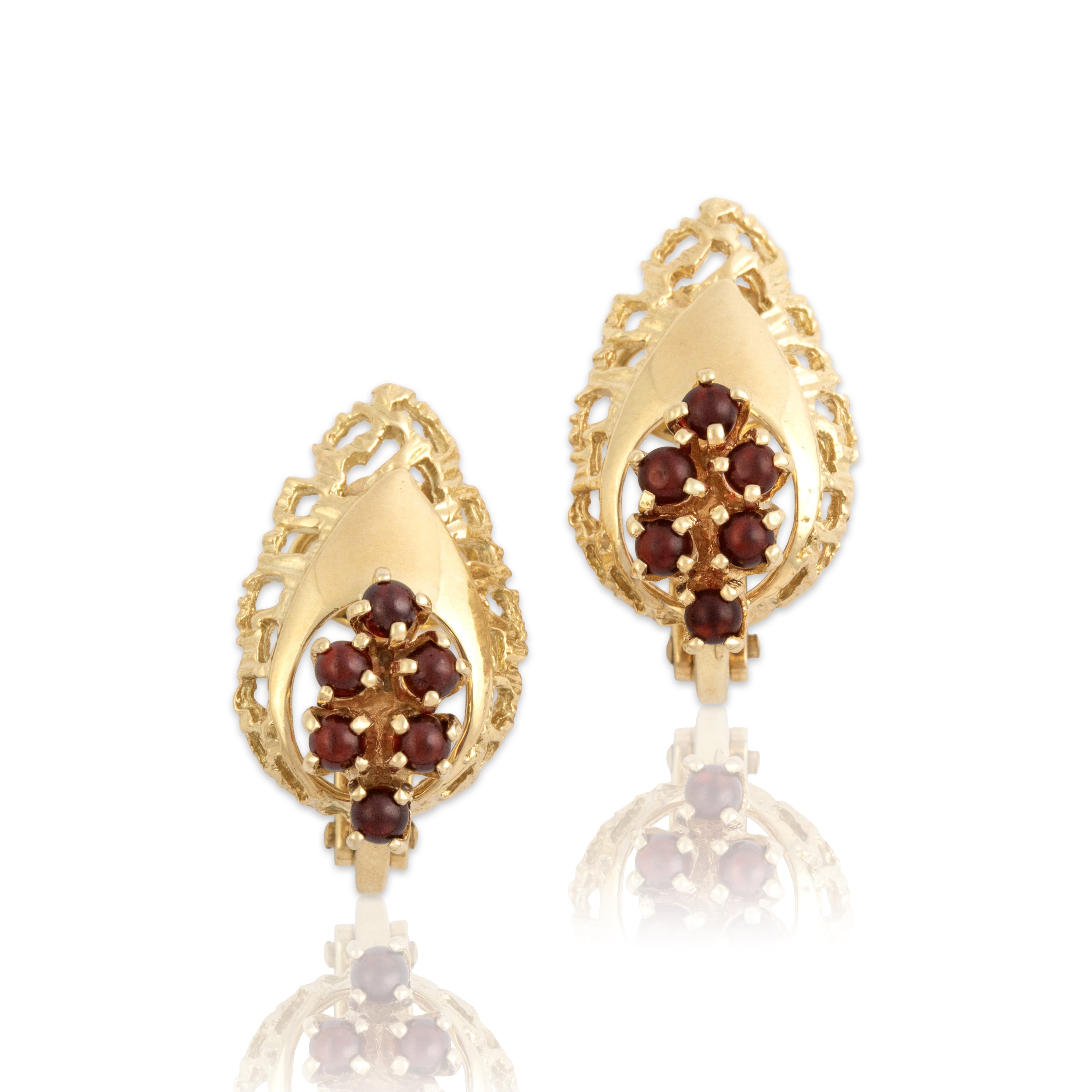 Vintage 14k Yellow Gold Garnet Organic Textured Cluster Leaf Omega Back Earrings - Close-up view