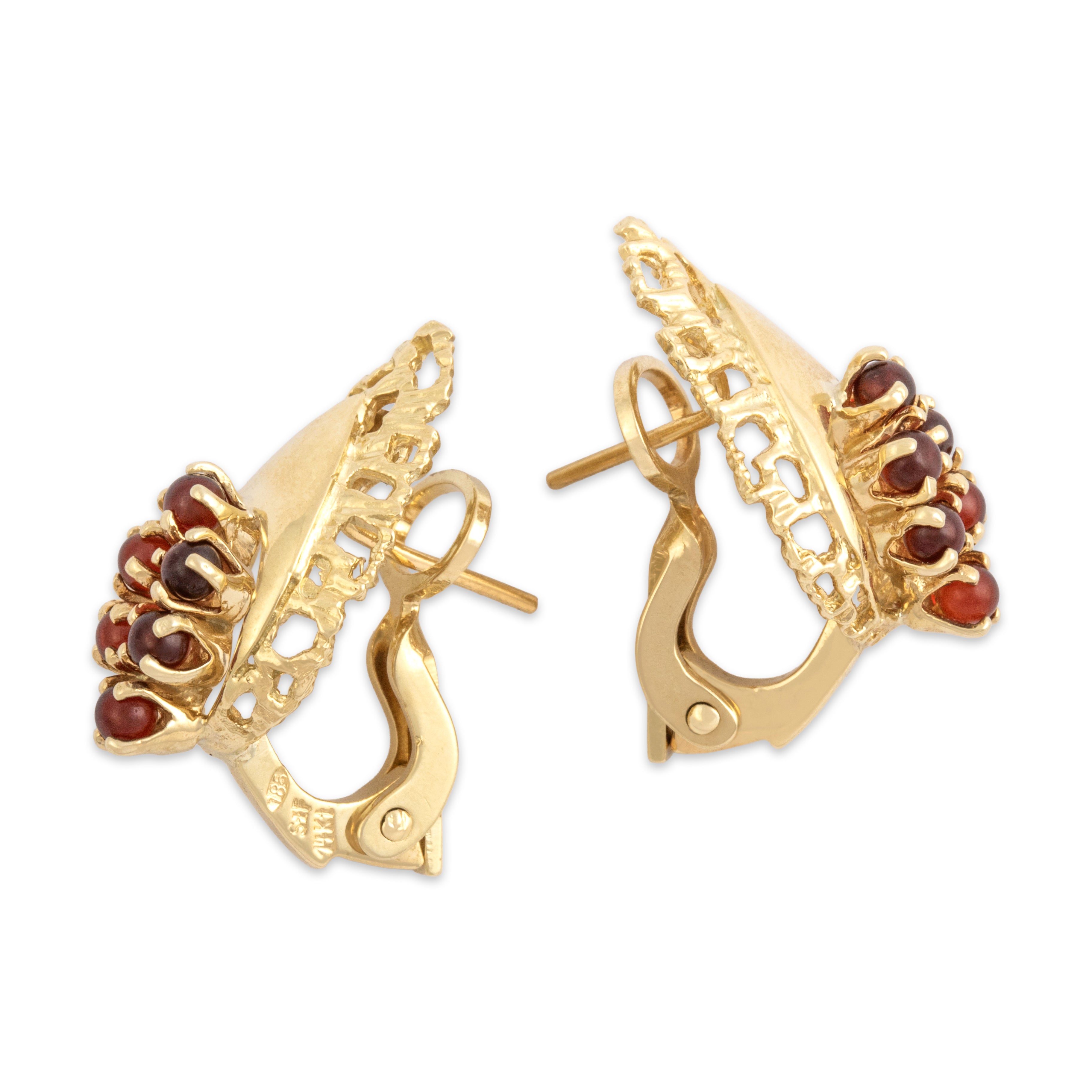 Vintage 14k Yellow Gold Garnet Organic Textured Cluster Leaf Omega Back Earrings - Side view