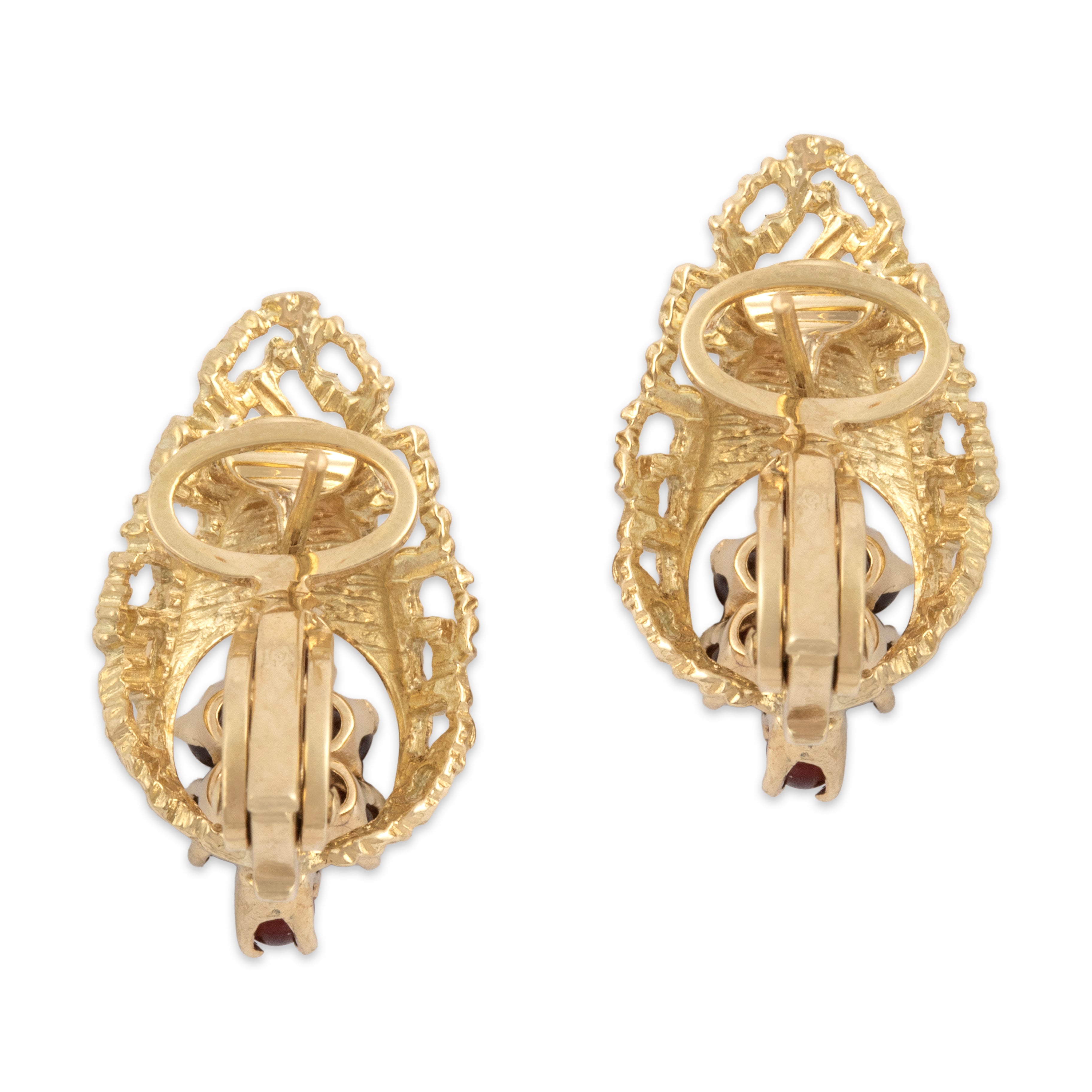 Vintage 14k Yellow Gold Garnet Organic Textured Cluster Leaf Omega Back Earrings - Back view