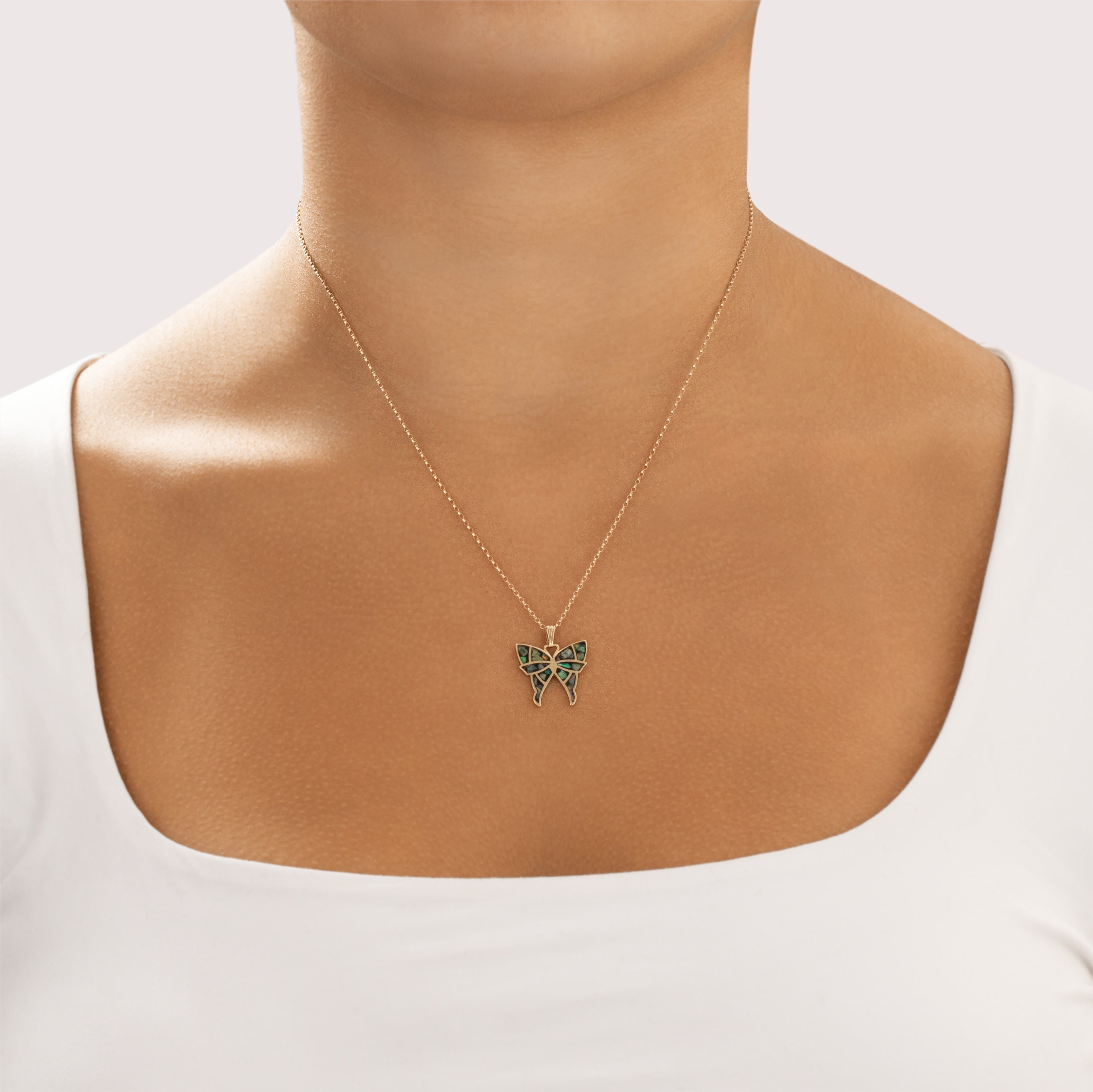 Vintage 14k Yellow Gold Flake Opal Playful Encapsulated Butterfly Pendant - On model view