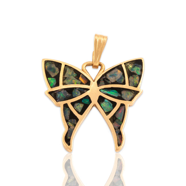 Vintage 14k Yellow Gold Flake Opal Playful Encapsulated Butterfly Pendant