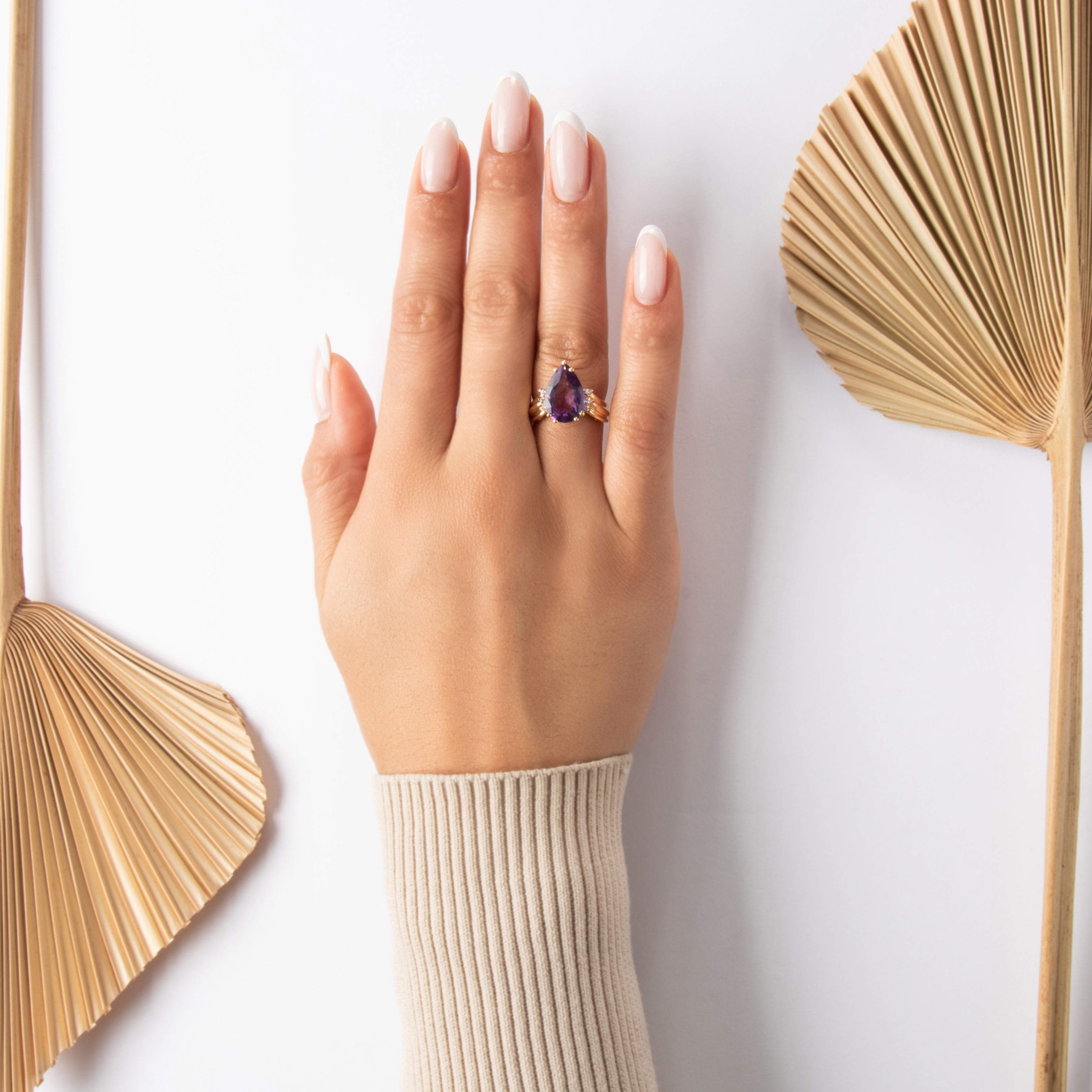 Vintage 14k Yellow Gold 3.77ct Amethyst Diamond Bold Ribbed Shoulder Pear Cocktail Ring - On model view