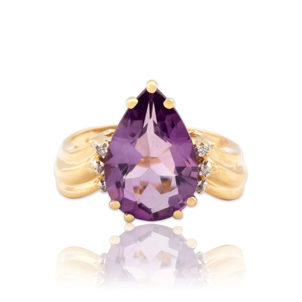 Vintage 14k Yellow Gold 3.77ct Amethyst Diamond Bold Ribbed Shoulder Ring 7.00