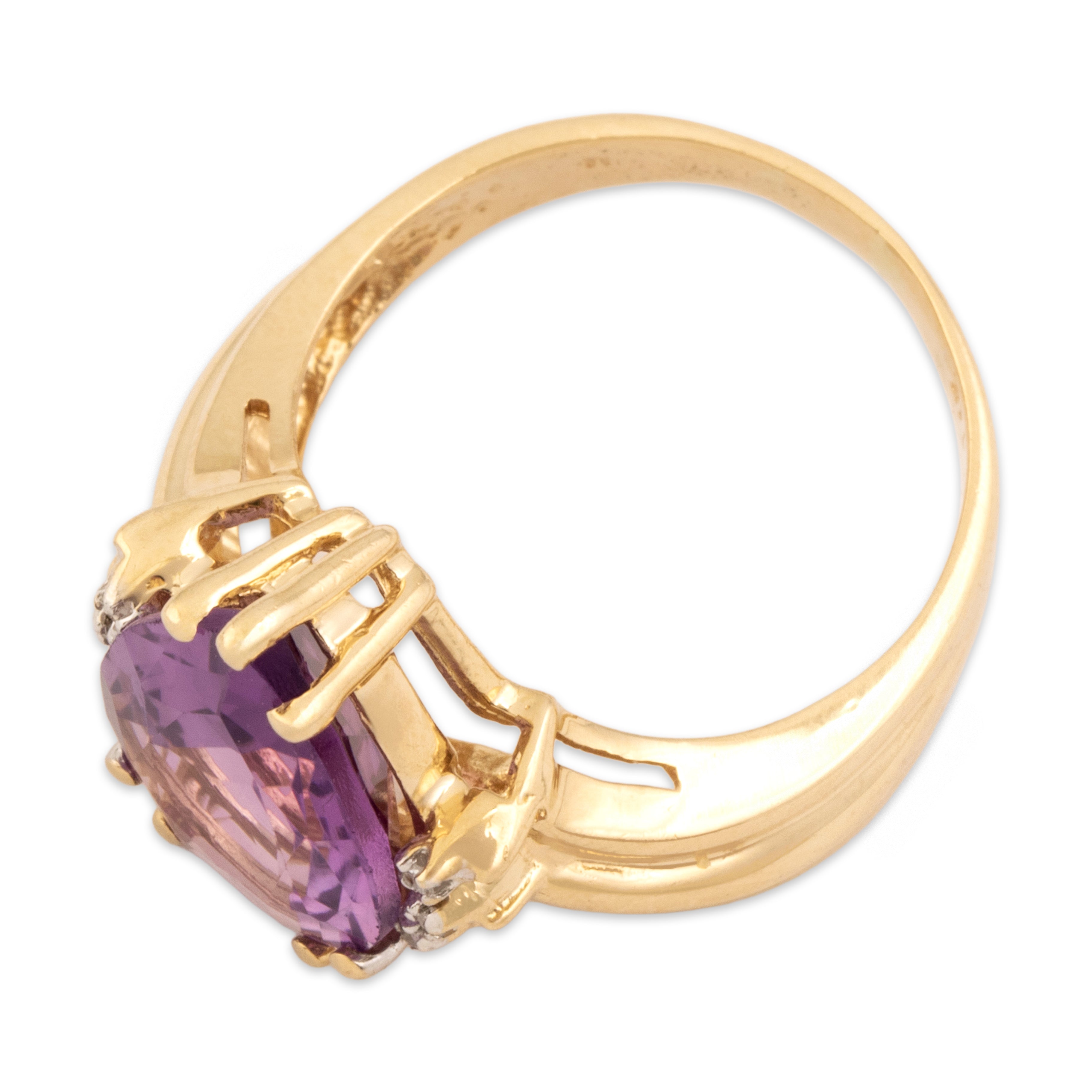 Vintage 14k Yellow Gold 3.77ct Amethyst Diamond Bold Ribbed Shoulder Pear Cocktail Ring - Overall view