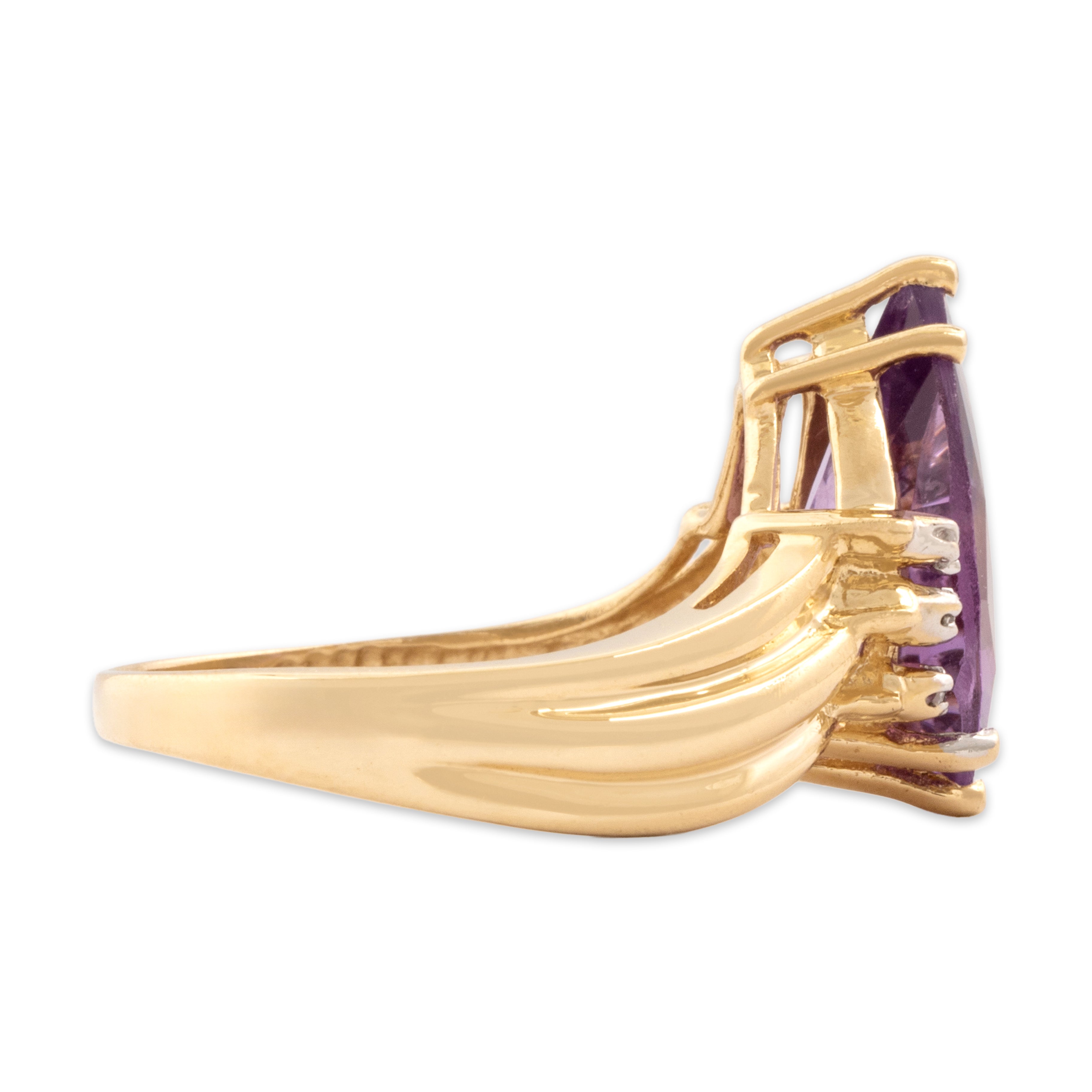 Vintage 14k Yellow Gold 3.77ct Amethyst Diamond Bold Ribbed Shoulder Pear Cocktail Ring - Side view