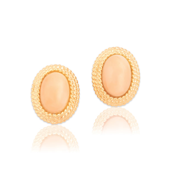 Vintage 14k Yellow Gold Angel Skin Coral Pastel Rope-Framed Cabochon Earrings