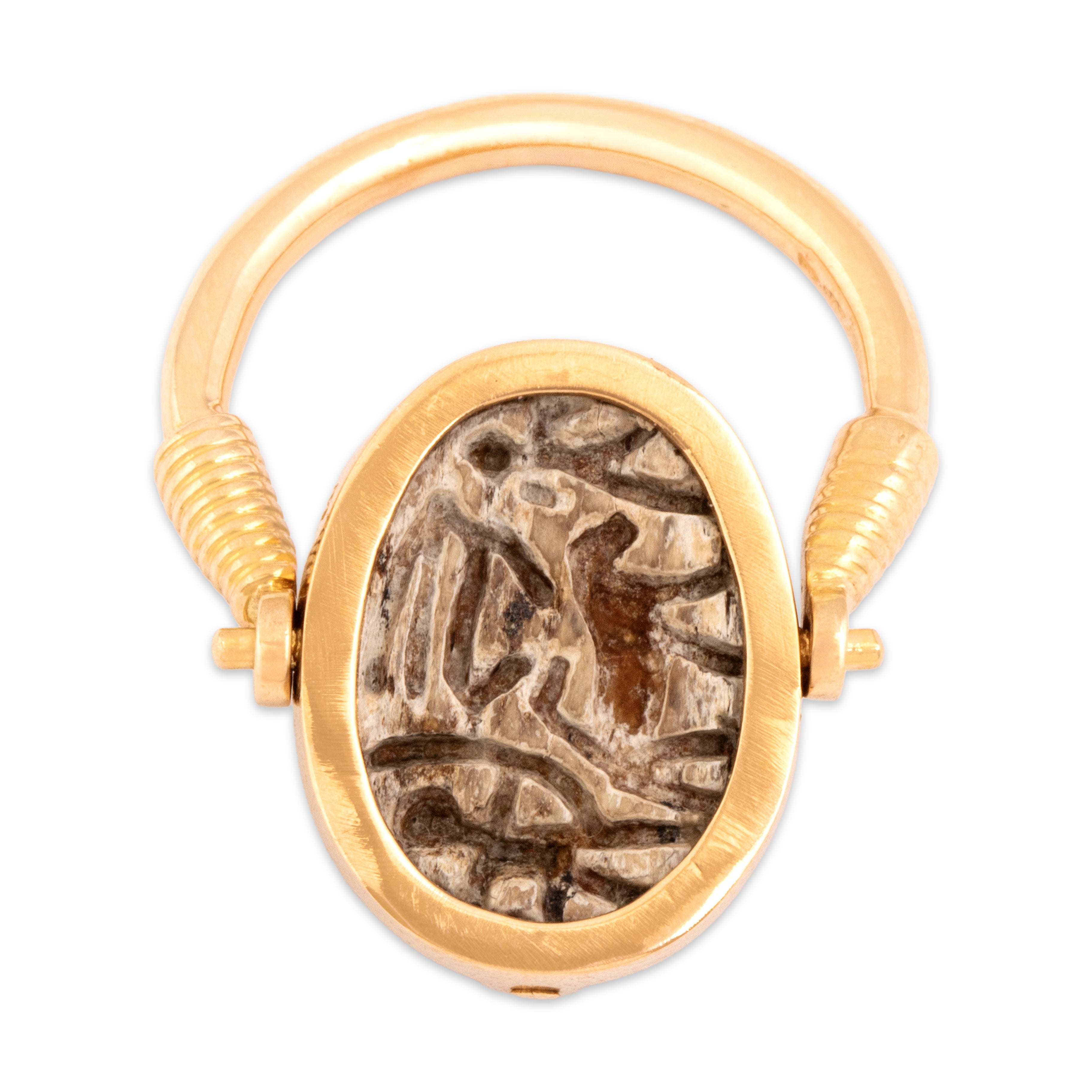 Vintage Egyptian 18k Yellow Gold Ancient-Style Carved Spinning Scarab Ring - detail view #2