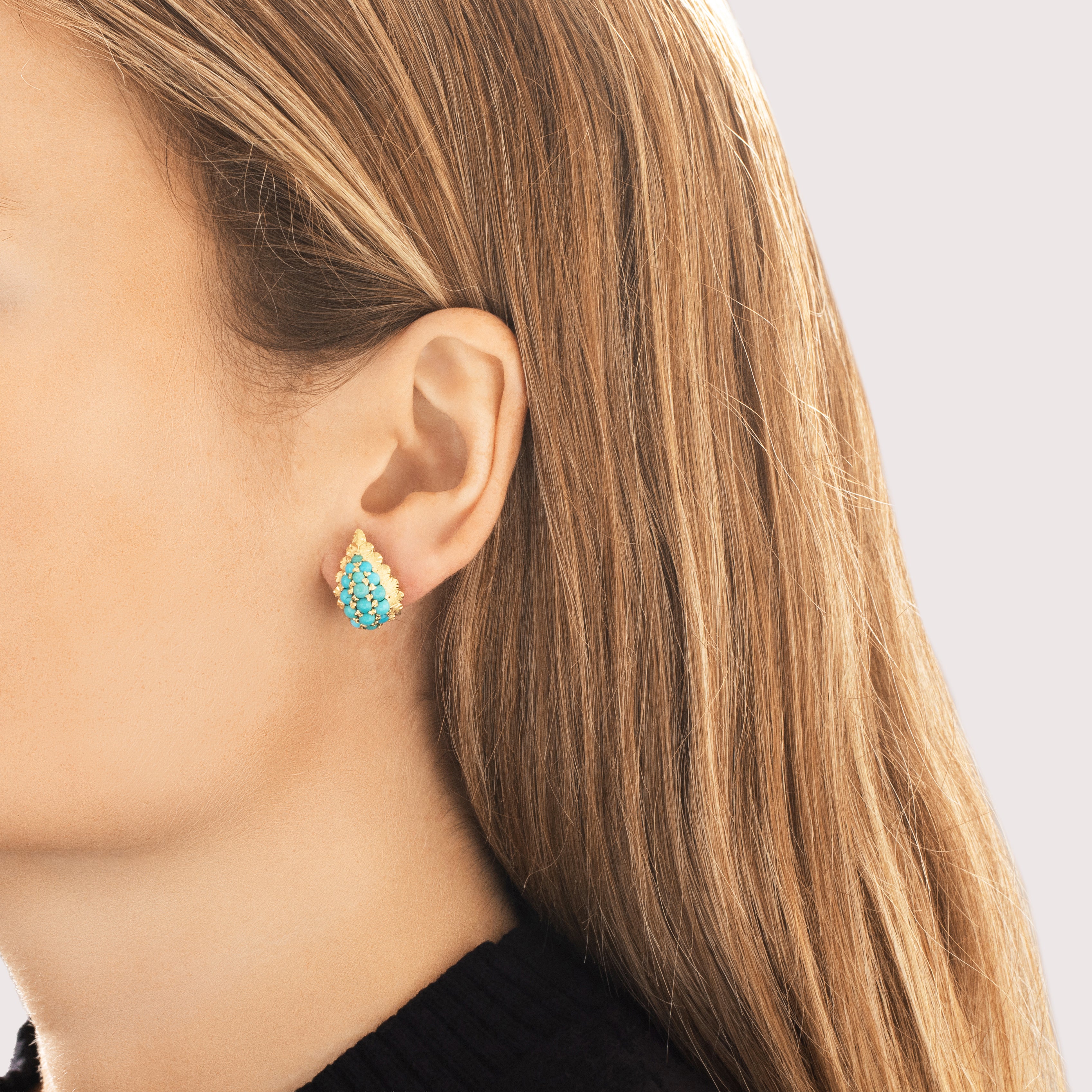 Vintage 18k Yellow & White Gold 3.8cttw Turquoise Cross-Hatched Etched Leaf Omega-Back Earrings - On model view