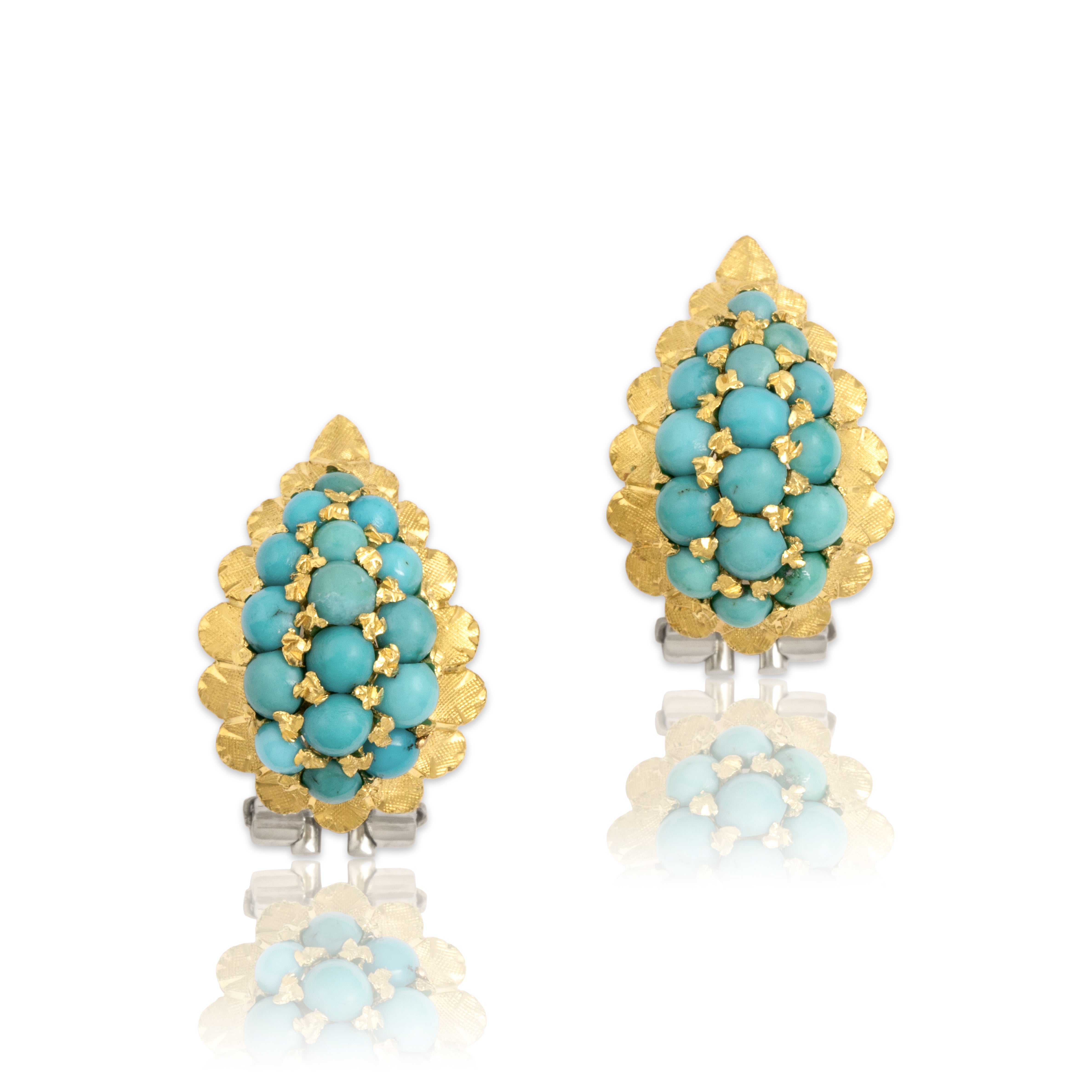 Vintage 18k Yellow & White Gold 3.8cttw Turquoise Etched Leaf Omega-Back Earrings