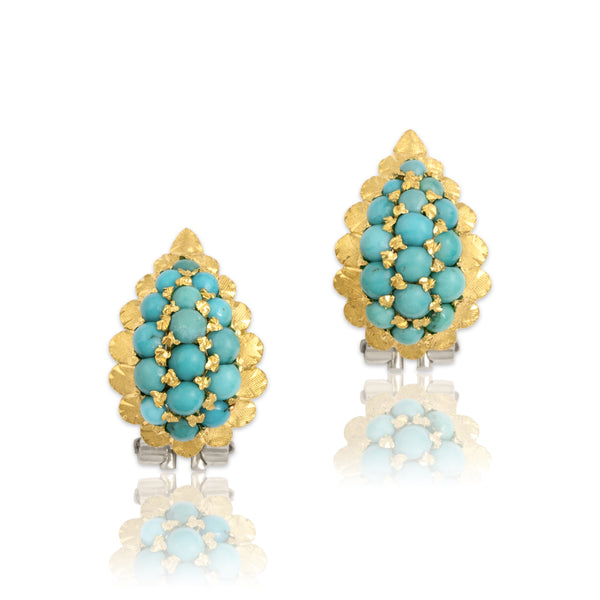 Vintage 18k Yellow & White Gold 3.8cttw Turquoise Etched Leaf Omega-Back Earrings