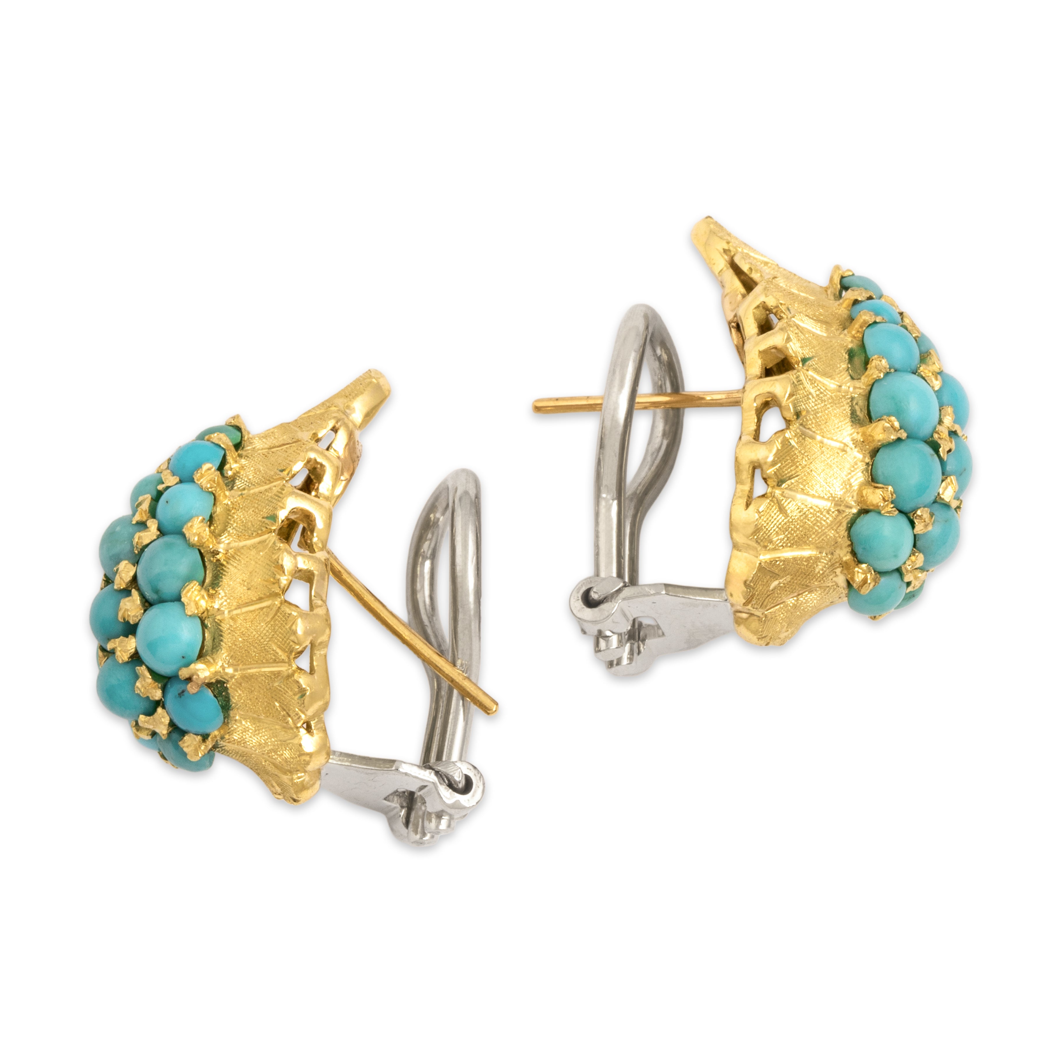 Vintage 18k Yellow & White Gold 3.8cttw Turquoise Etched Leaf Omega-Back Earrings