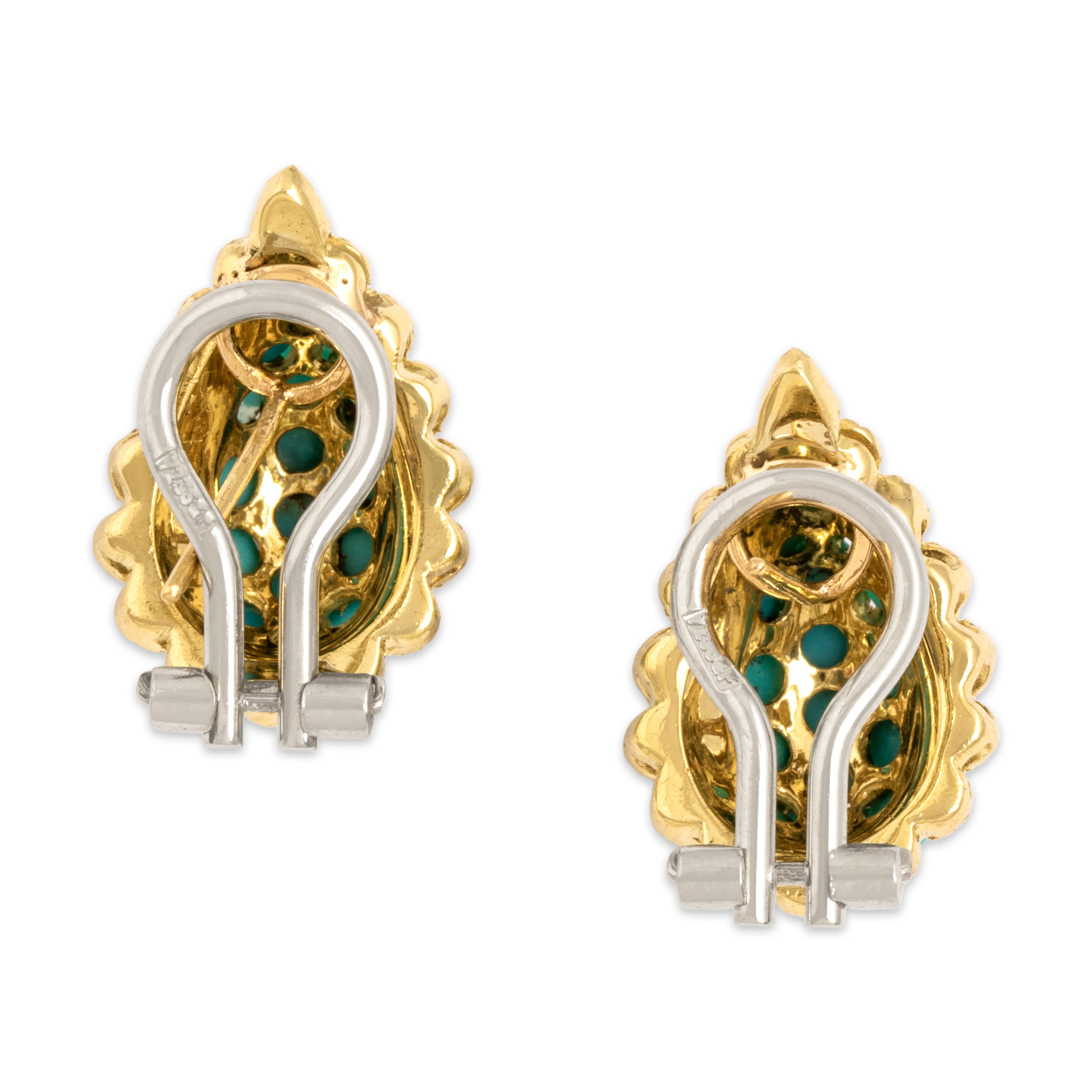 Vintage 18k Yellow & White Gold 3.8cttw Turquoise Etched Leaf Omega-Back Earrings