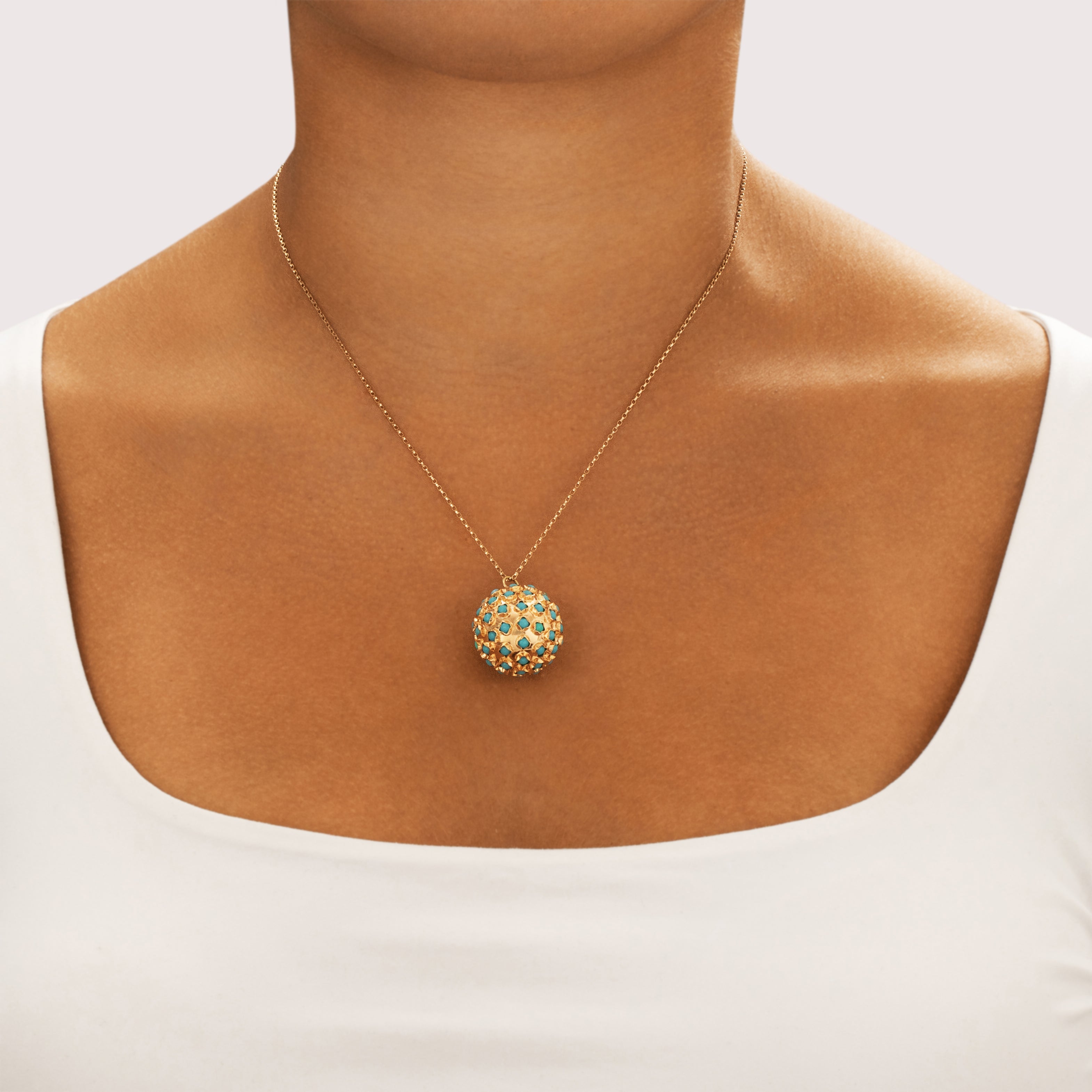 Vintage Portuguese Large 19k Rosy Yellow Gold Turquoise Bold Dimensional Sputnik Pendant - On model view