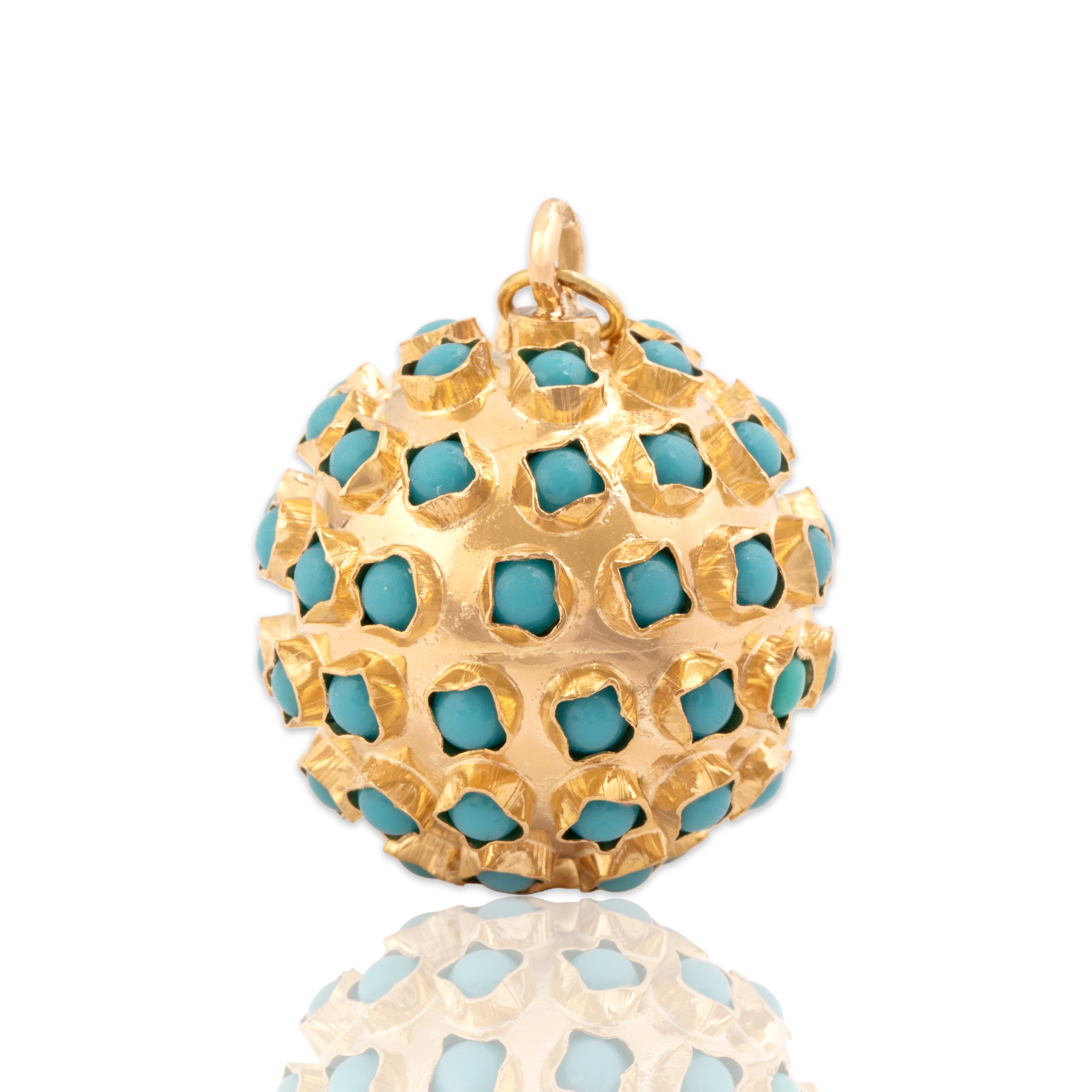Vintage Portuguese Large 19k Rosy Yellow Gold Turquoise Bold Dimensional Sputnik Pendant - Close-up view