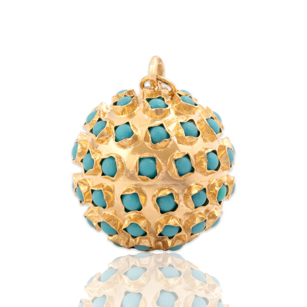 Vintage Portuguese Large 19k Rosy Yellow Gold Turquoise Bold Sputnik Pendant