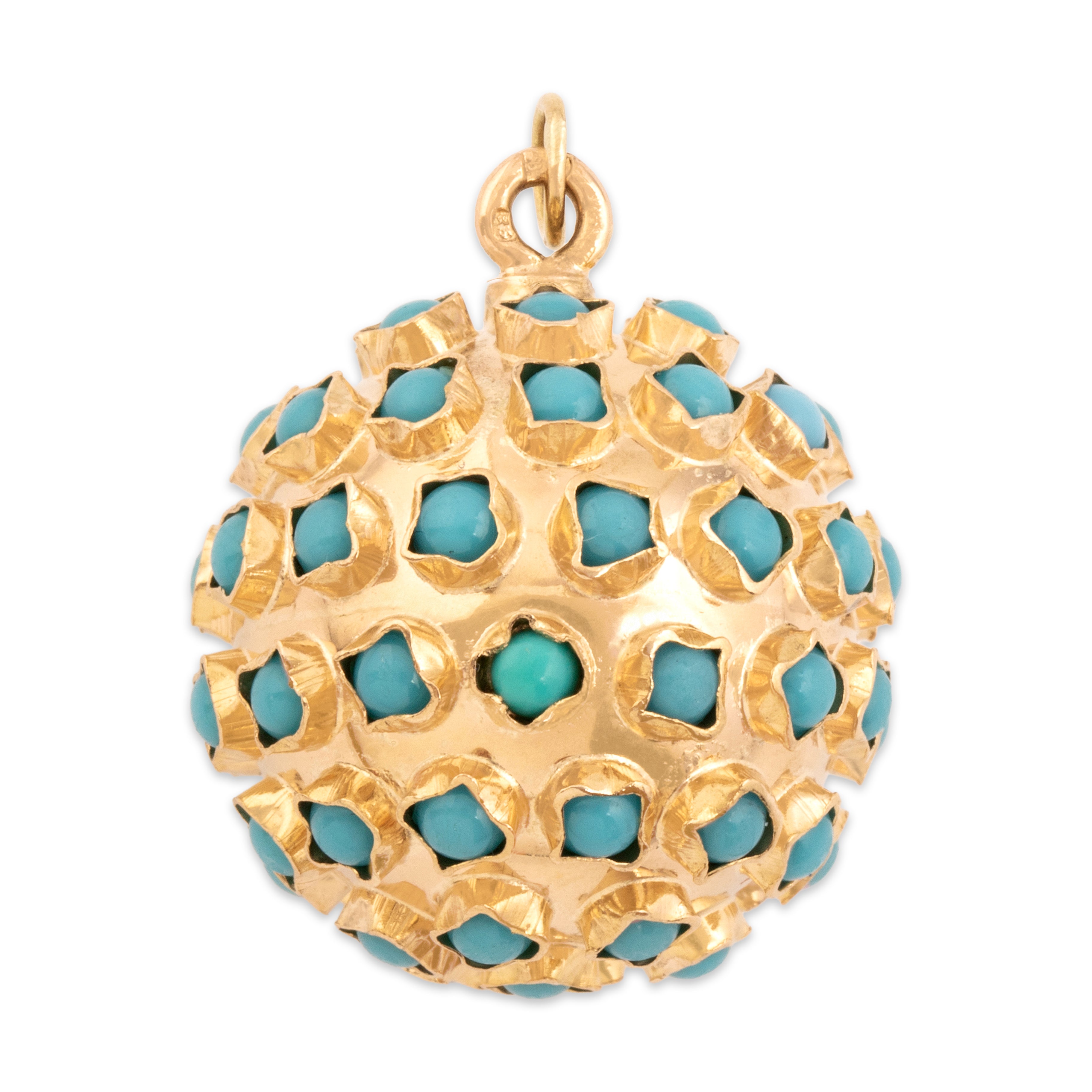 Vintage Portuguese Large 19k Rosy Yellow Gold Turquoise Bold Dimensional Sputnik Pendant - Overall view
