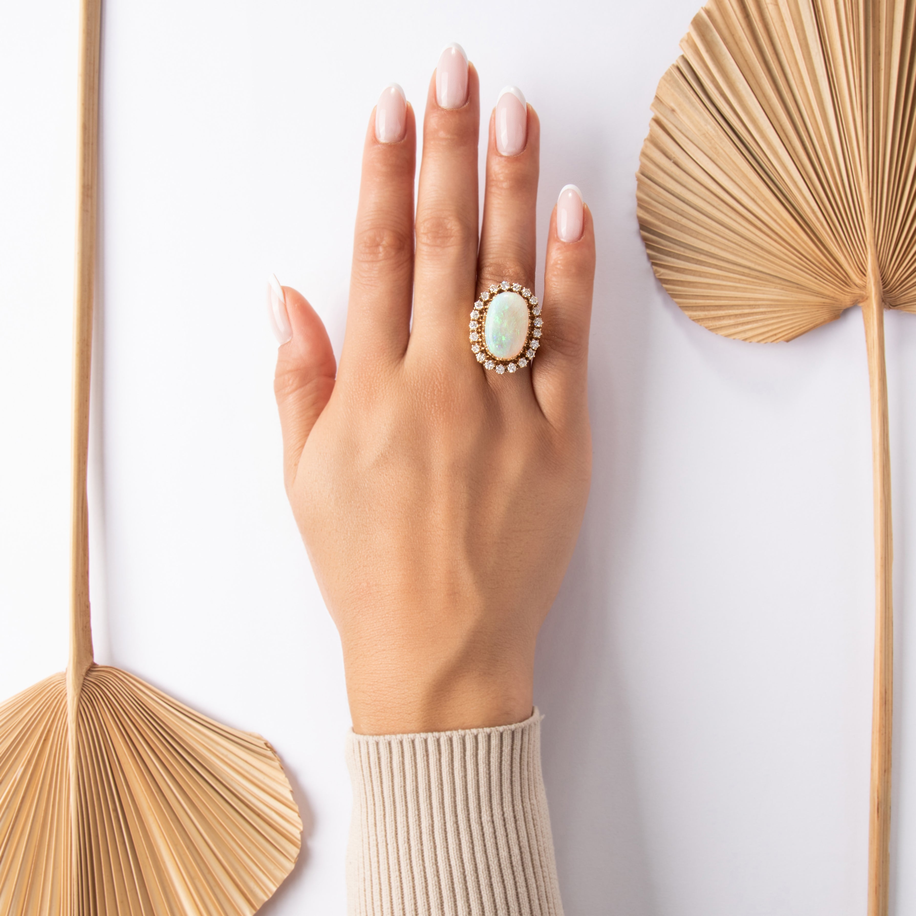 Vintage 14k Yellow Gold 7.11ct Opal 1.07cttw Diamond Oversized Extravagant Halo Cocktail Ring - On model view