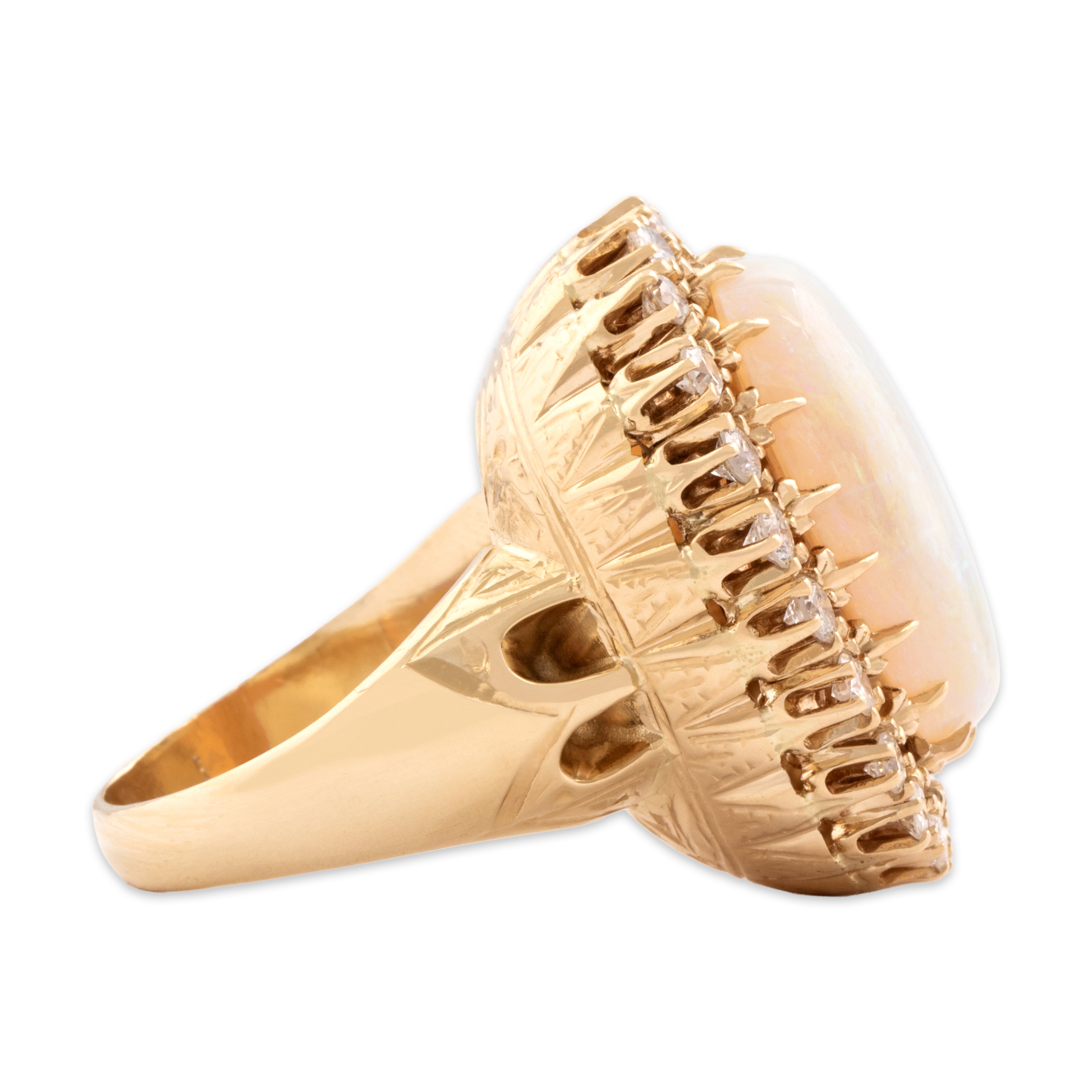 Vintage 14k Yellow Gold 7.11ct Opal 1.07cttw Diamond Oversized Extravagant Halo Cocktail Ring - Side view