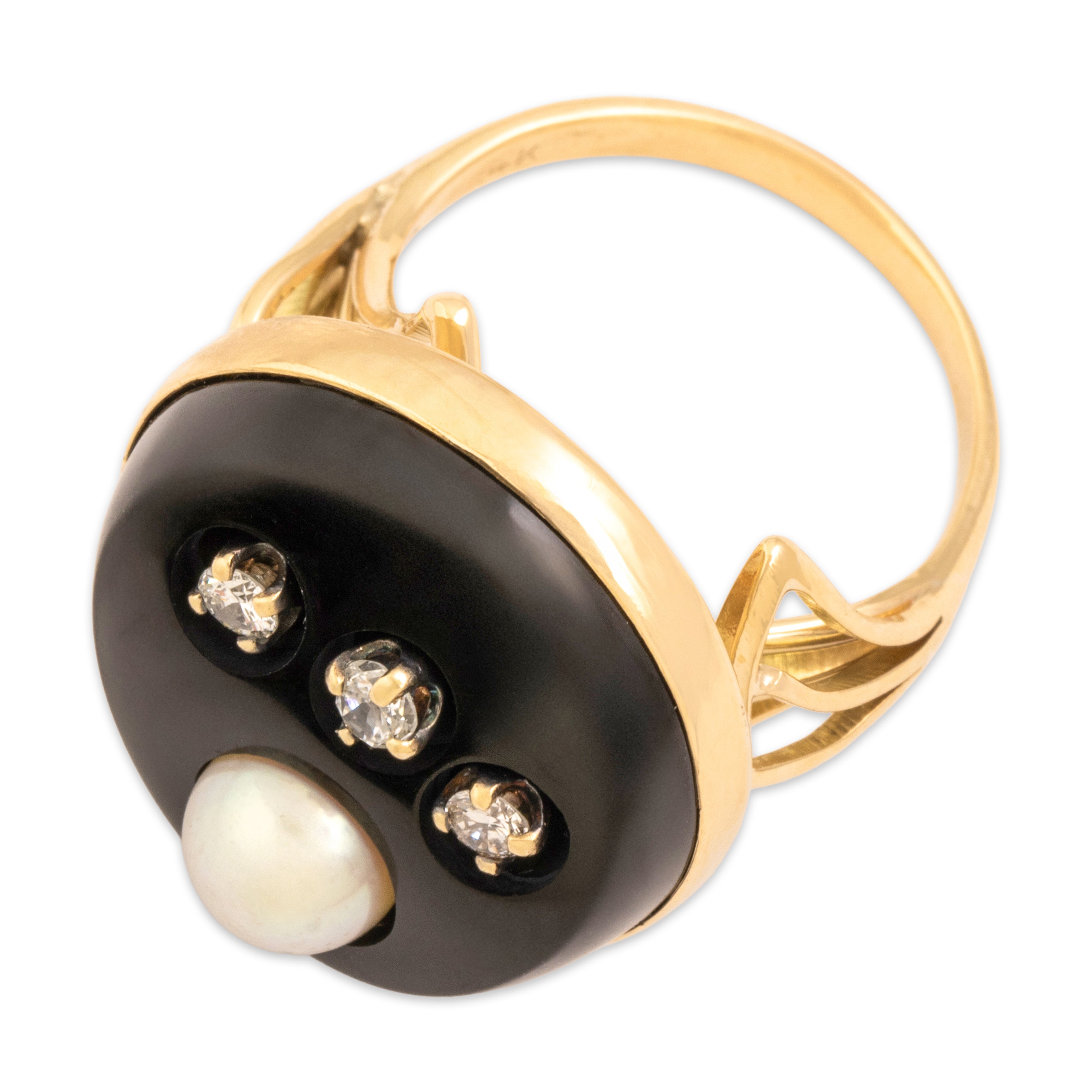 Vintage Heavy 14k Yellow Gold Diamond Onyx Pearl Mod-Style Inset Ring - Overall view