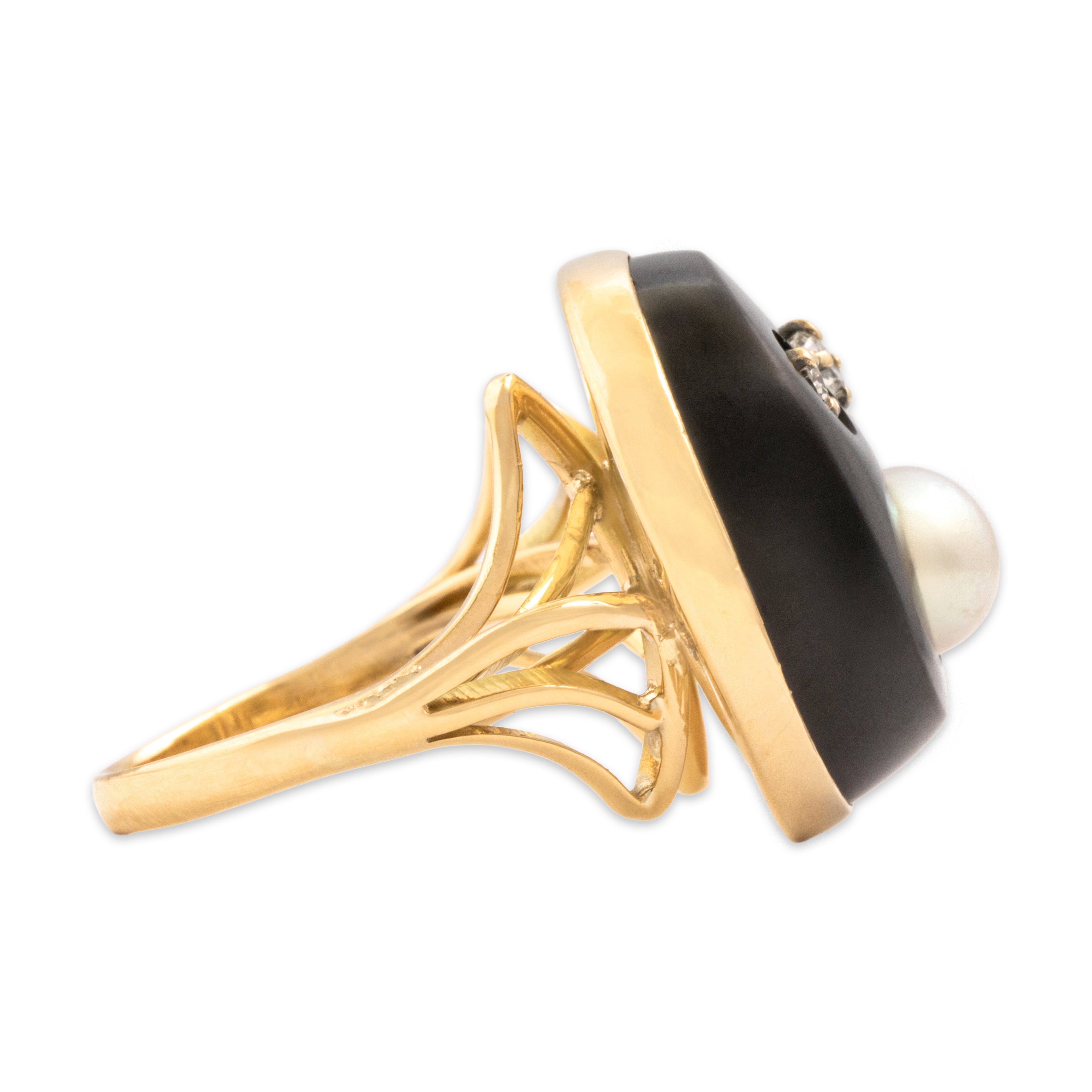 Vintage Heavy 14k Yellow Gold Diamond Onyx Pearl Mod-Style Inset Ring - Side view