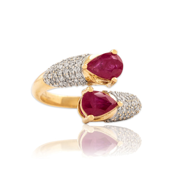 Estate 14k Yellow Gold 1.17cttw Ruby Diamond Dimensional Pavé Bypass Ring 6.75