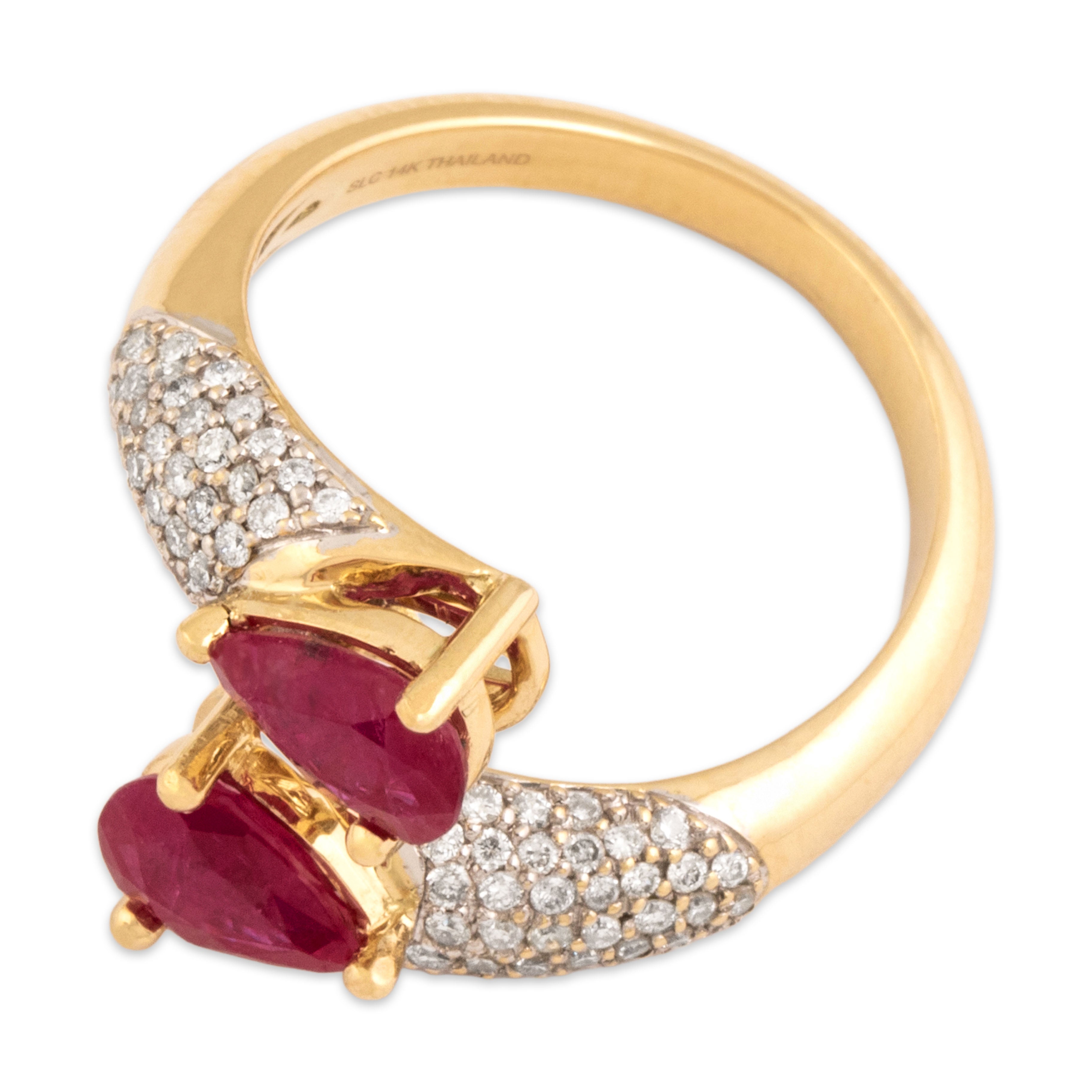 Estate 14k Yellow Gold 1.17cttw Ruby Diamond Dimensional Pavé Bypass Ring 6.75