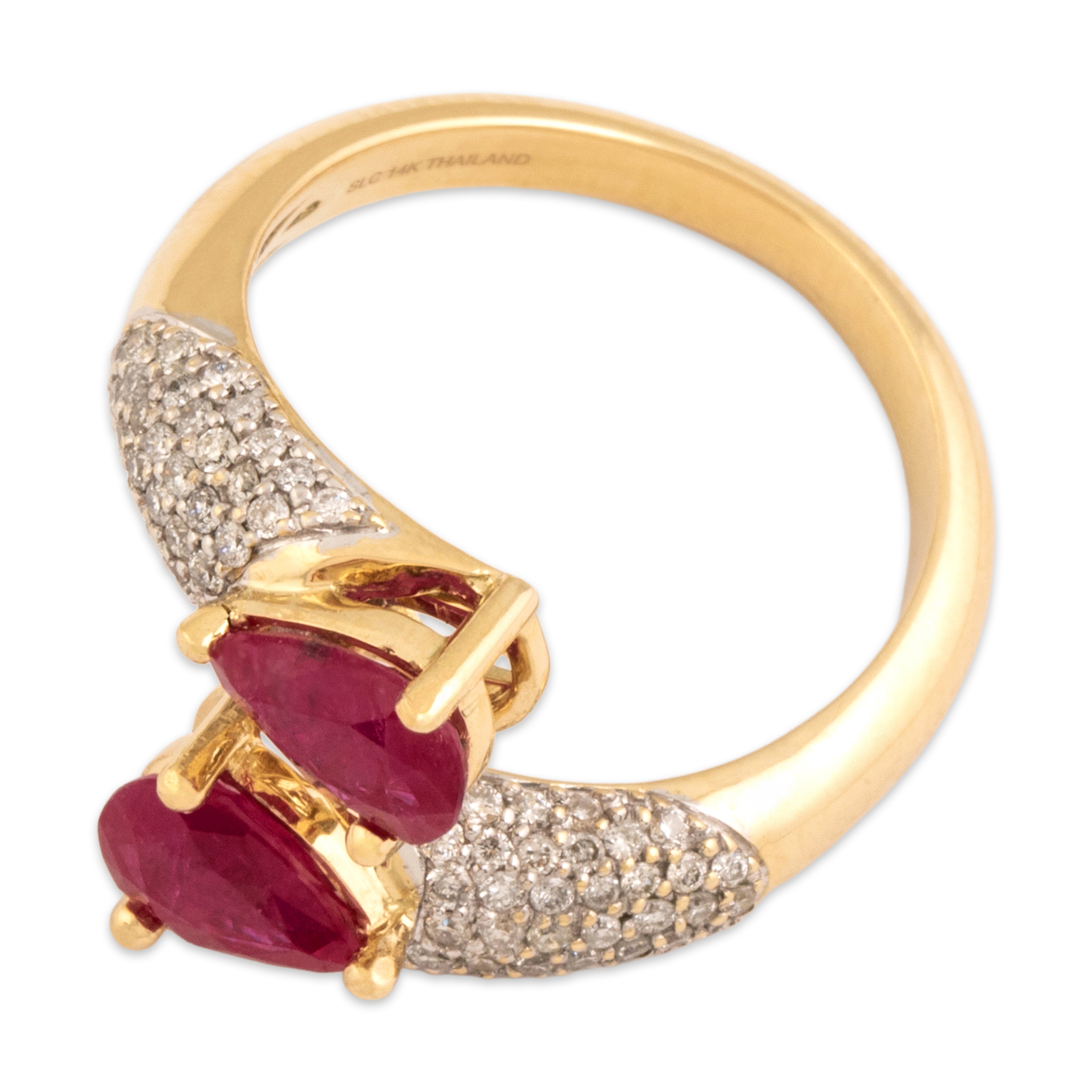 Estate 14k Yellow Gold 1.17cttw Ruby Diamond Dimensional Pavé Bypass Ring 6.75
