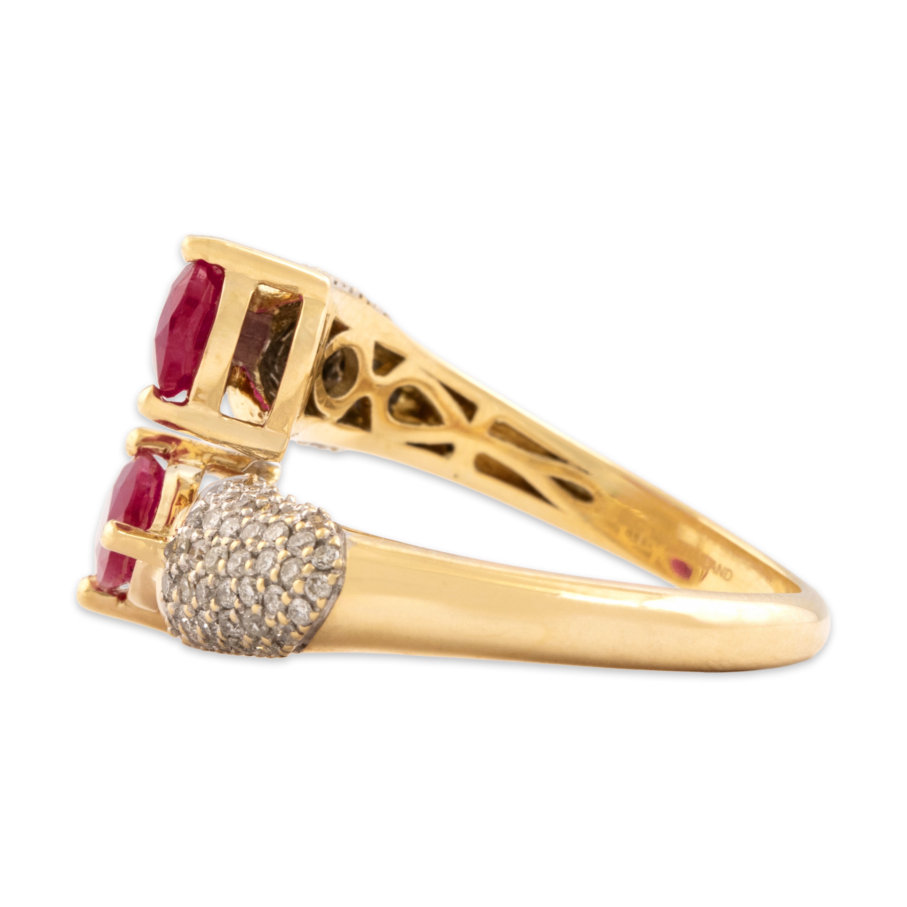 Estate 14k Yellow Gold 1.17cttw Ruby Diamond Dimensional Pavé Bypass Ring 6.75