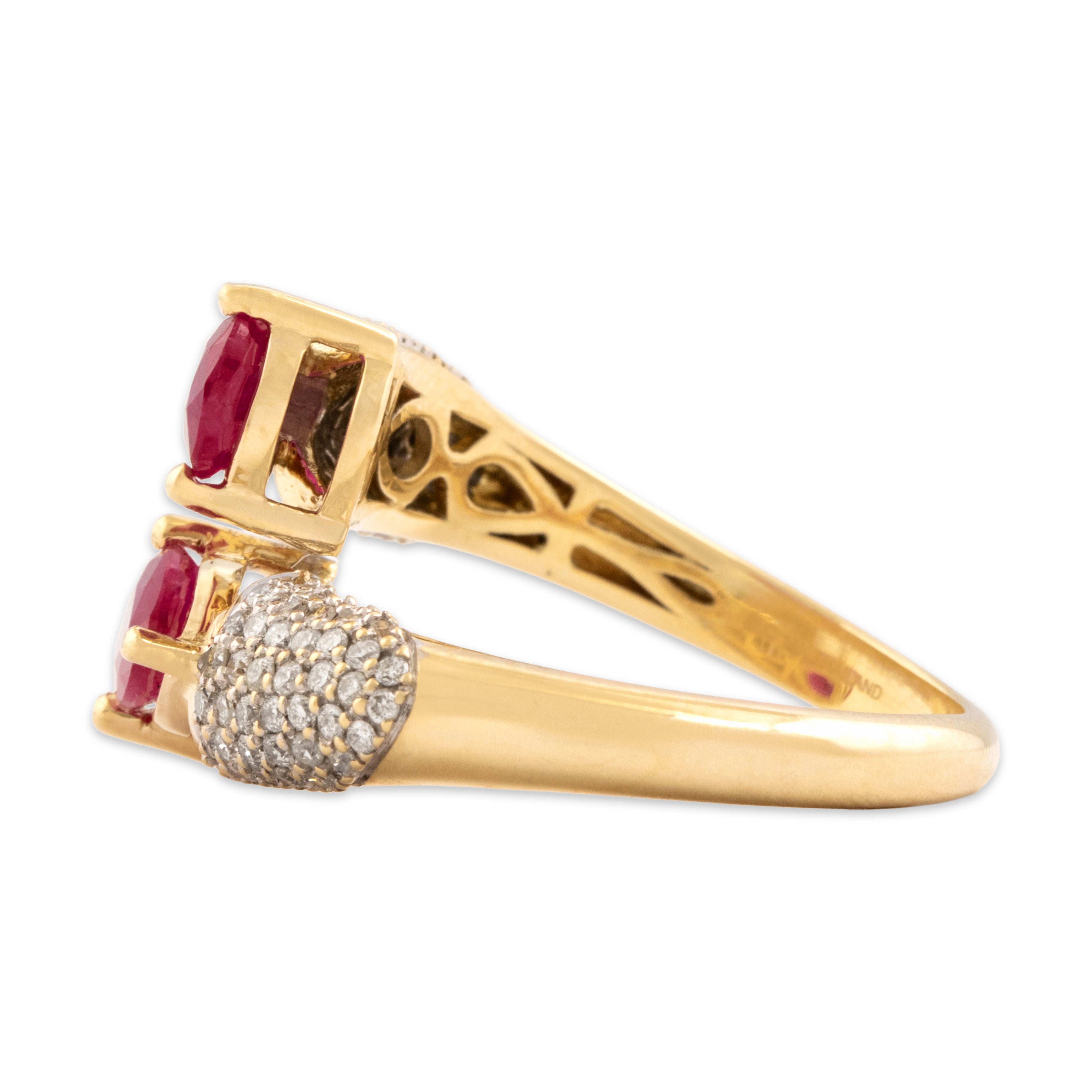 Estate 14k Yellow Gold 1.17cttw Ruby Diamond Dimensional Pavé Bypass Ring 6.75