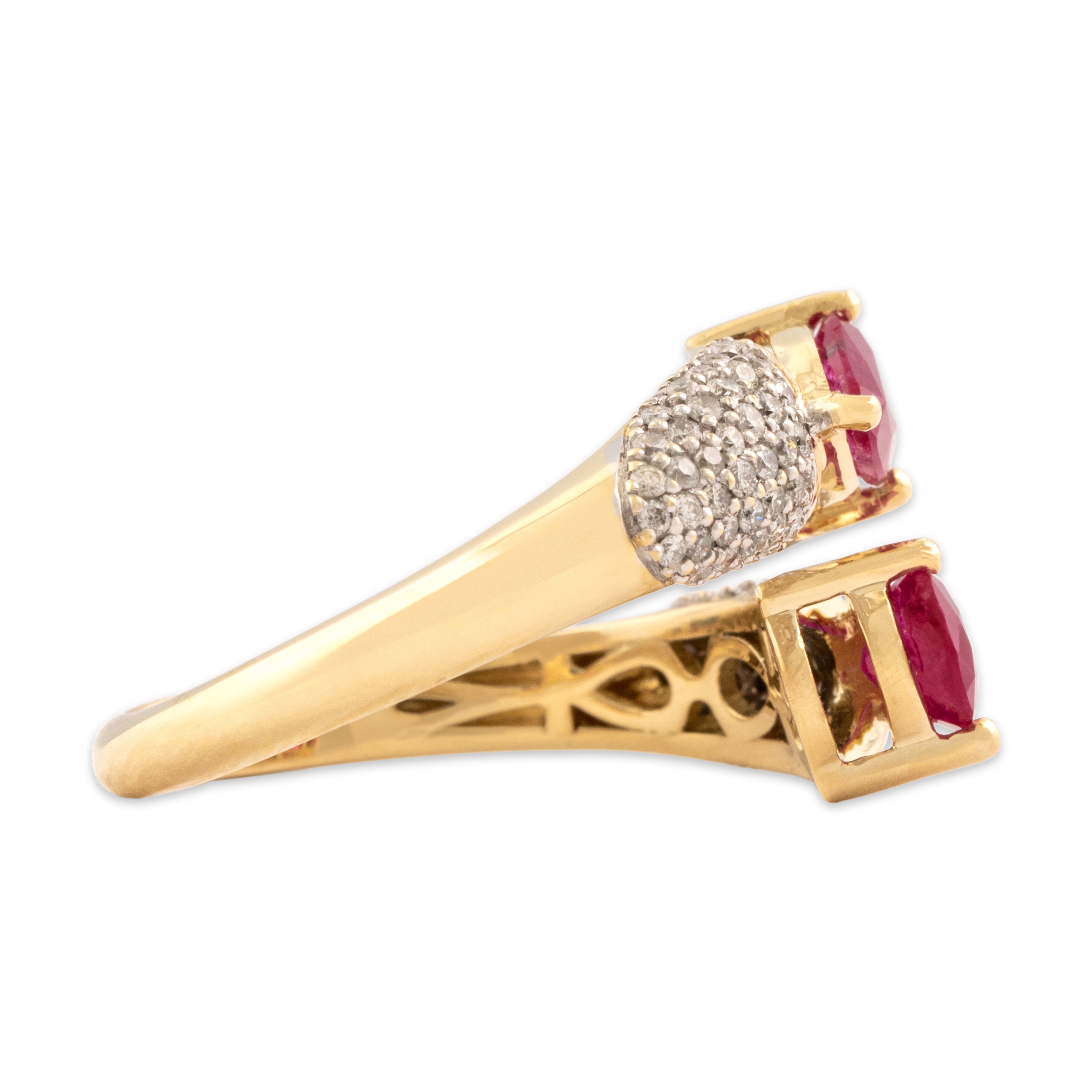 Estate 14k Yellow Gold 1.17cttw Ruby Diamond Dimensional Pavé Bypass Ring 6.75