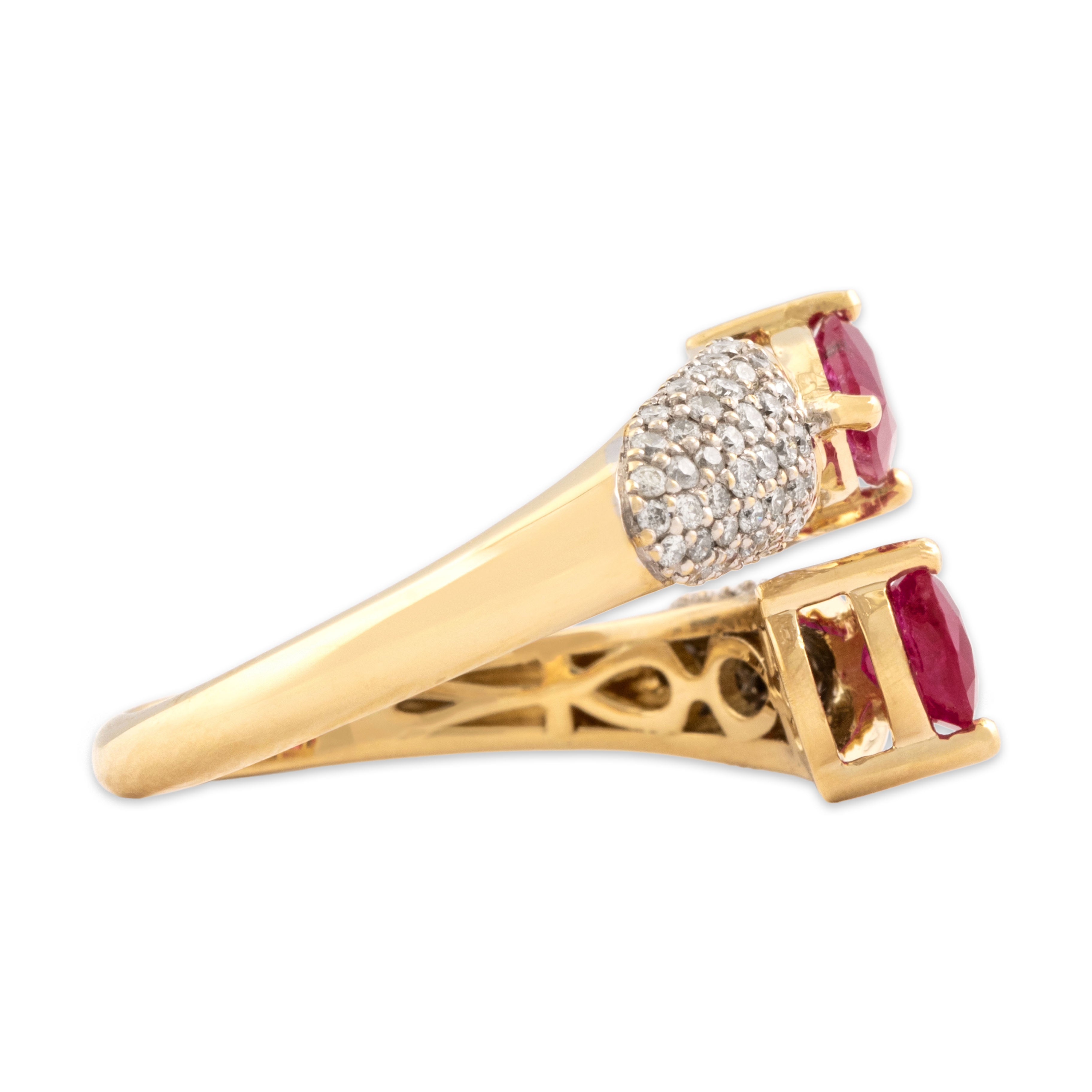 Estate 14k Yellow Gold 1.17cttw Ruby Diamond Dimensional Pavé Bypass Ring 6.75