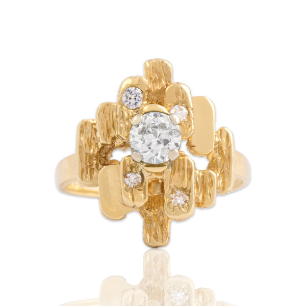 Vintage 14k Yellow Gold .56cttw Old European Cut Diamond Brutalist Steps Ring 7.00