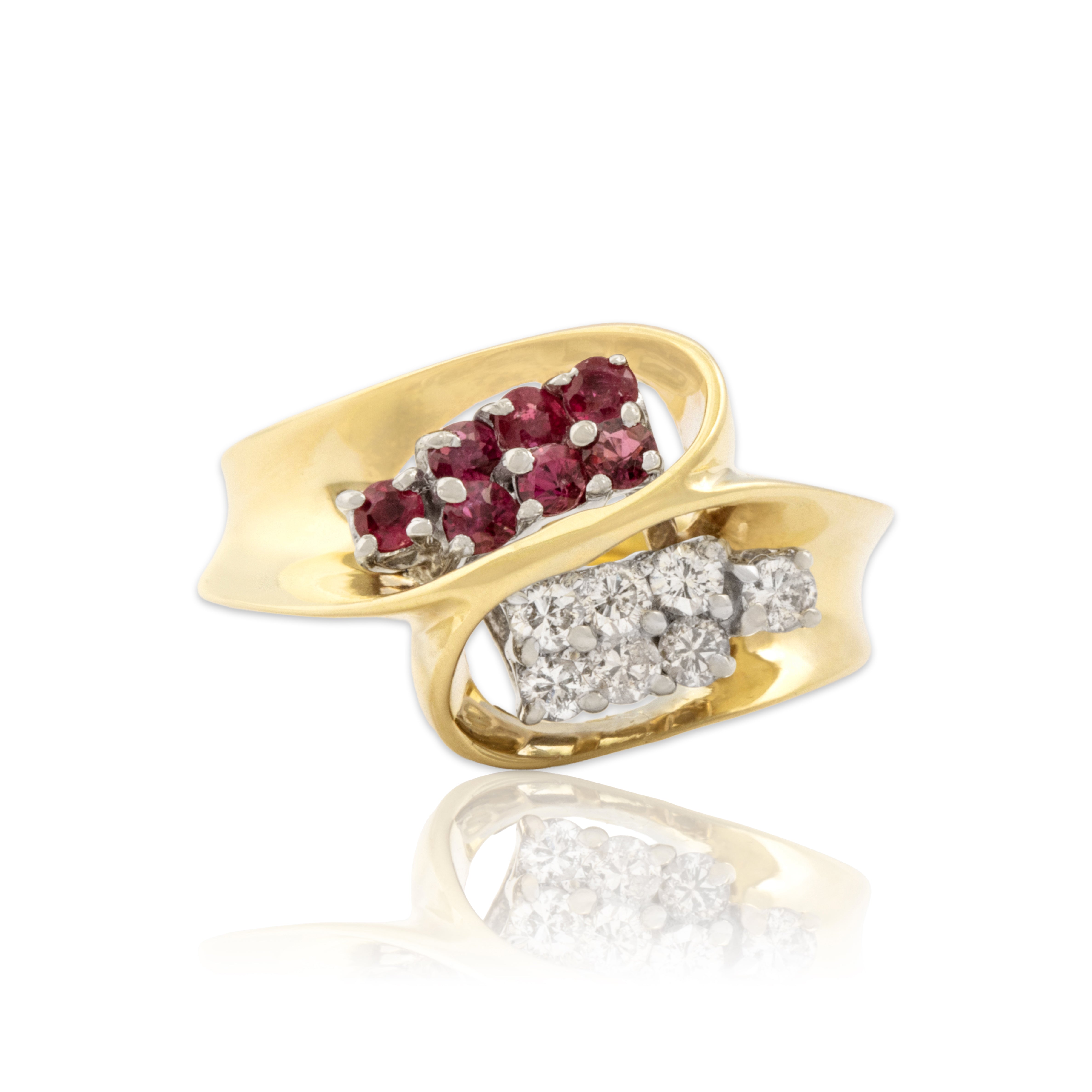 Vintage 14k Yellow Gold Diamond Ruby Dynamic Bypass Cluster Ring - Close-up view