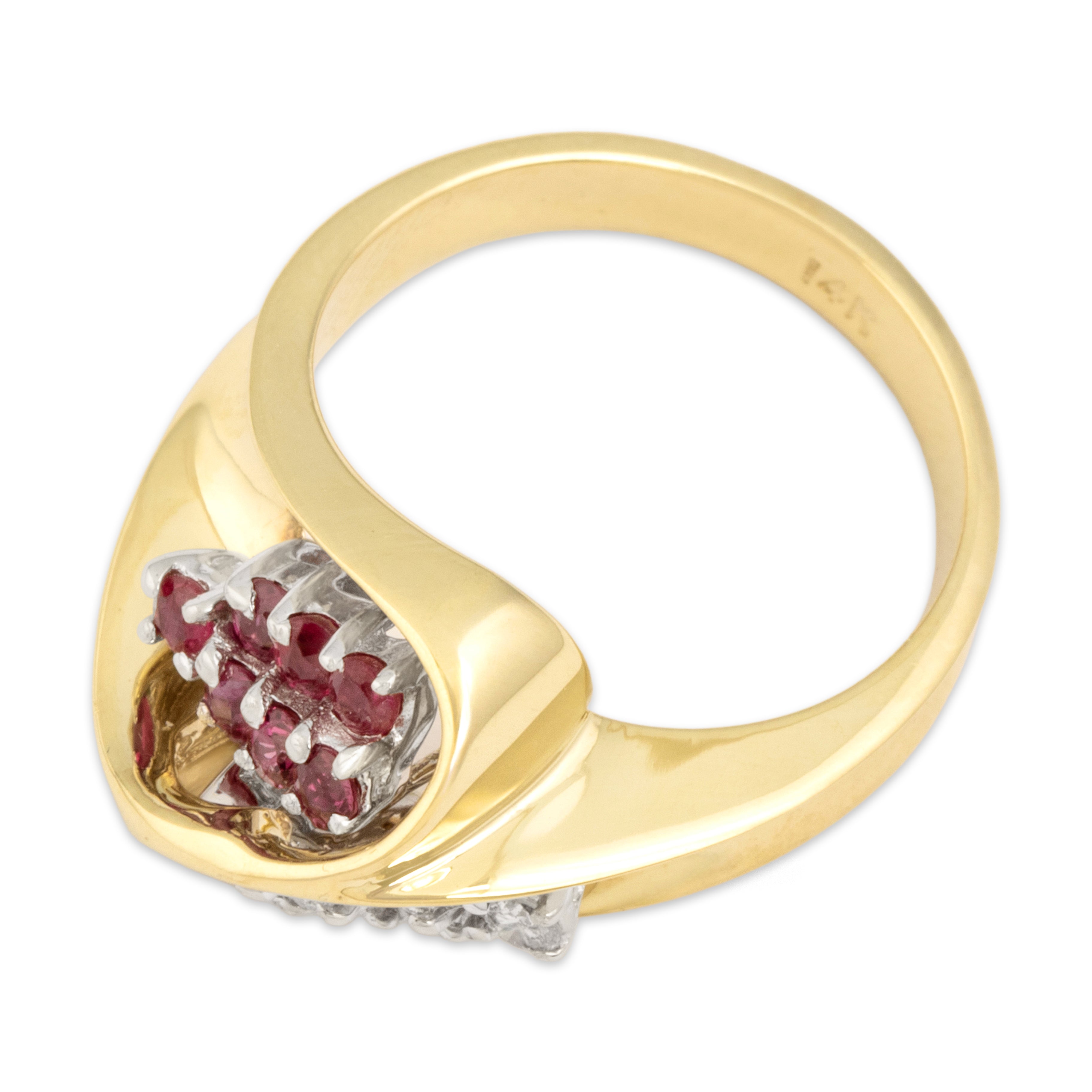 Vintage 14k Yellow Gold Diamond Ruby Dynamic Bypass Cluster Ring - Overall view