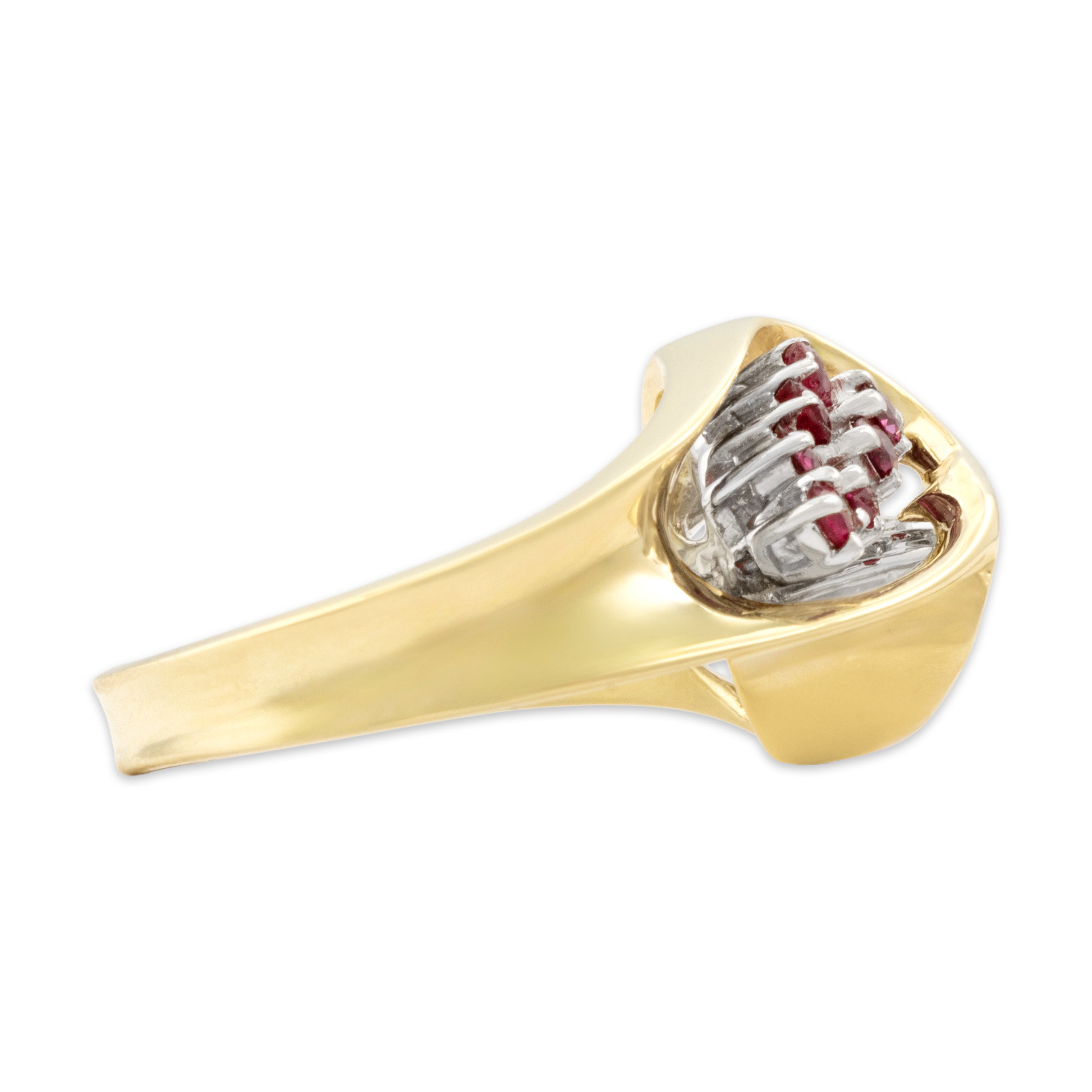 Vintage 14k Yellow Gold Diamond Ruby Dynamic Bypass Cluster Ring - Side view