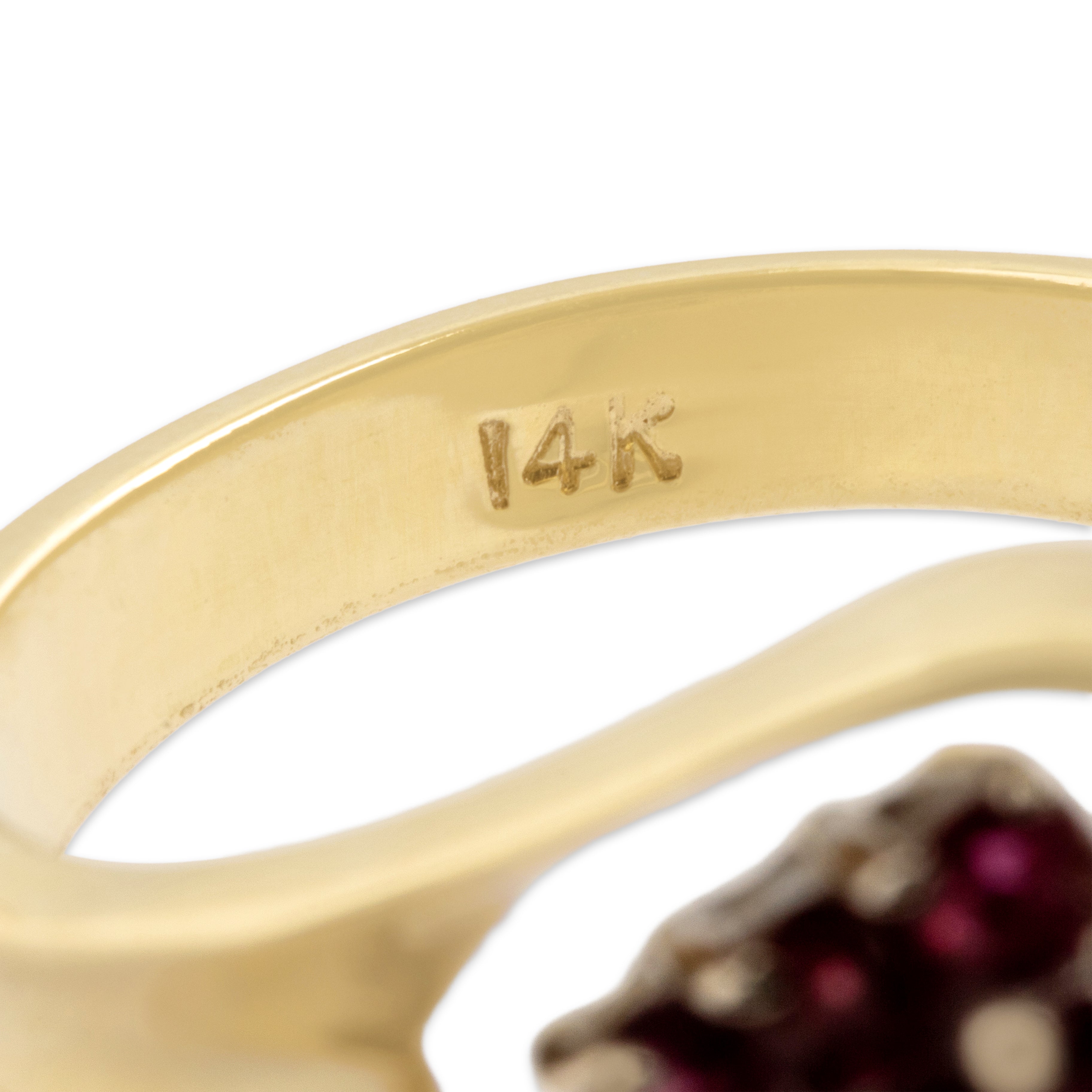 Vintage 14k Yellow Gold Diamond Ruby Dynamic Bypass Cluster Ring - Hallmark view