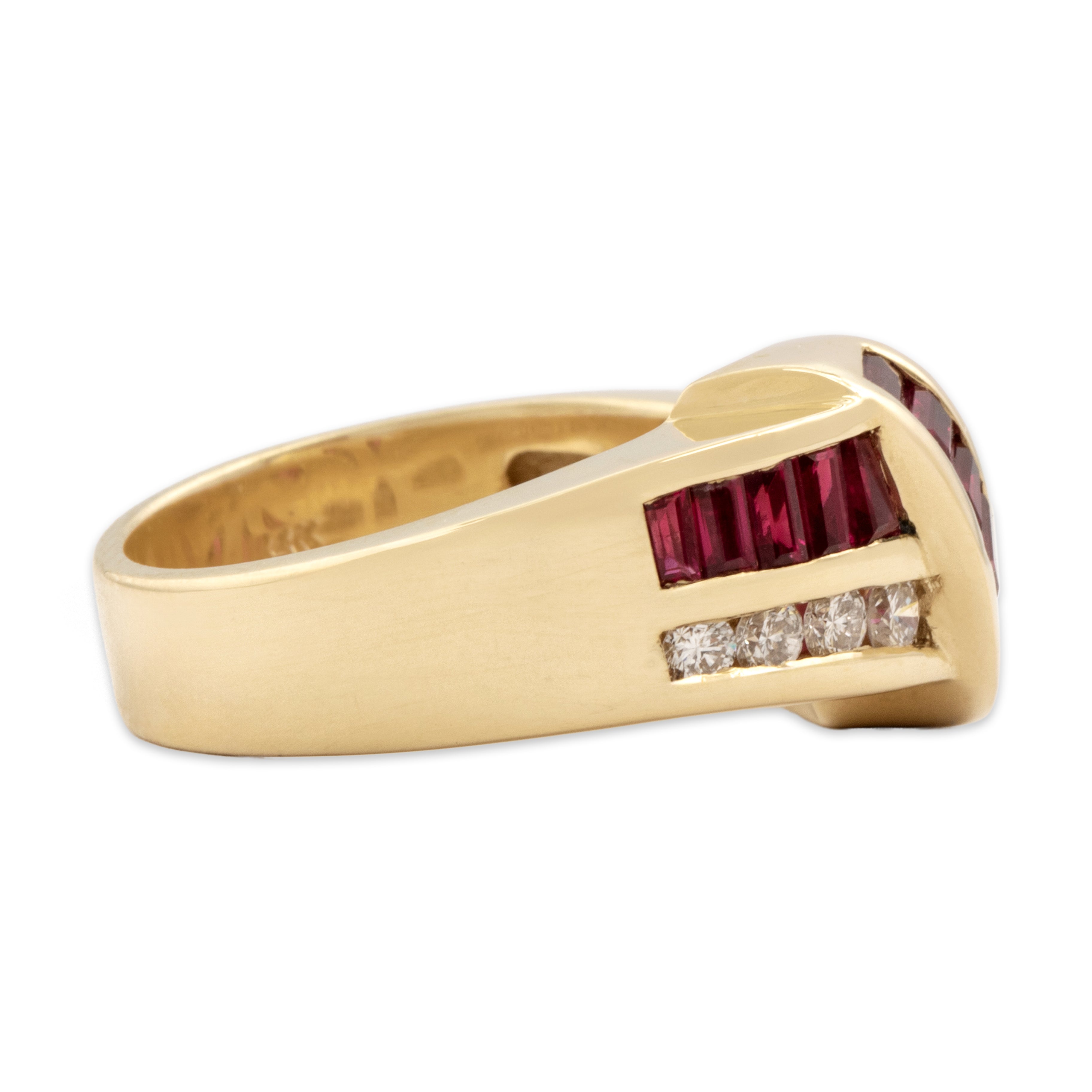 Vintage Heavy 14k Yellow Gold 1.53cttw Ruby Diamond Swooping Channel Band Ring - Side view
