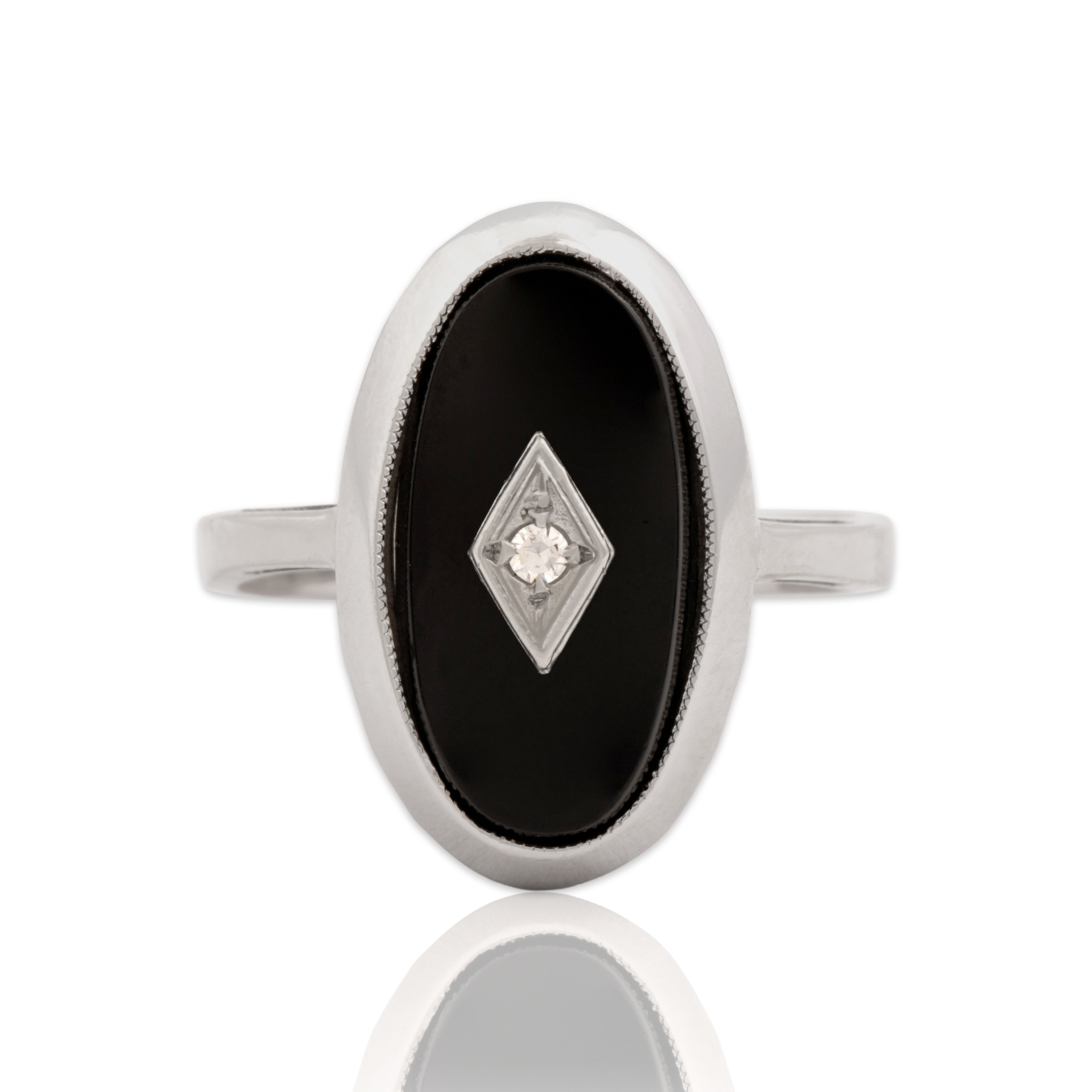 Vintage 10k White Gold 2.1ct Onyx Diamond Art-Deco Style Inlayed Setting Ring 7.00