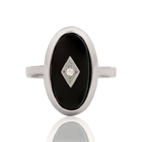 Vintage 10k White Gold 2.1ct Onyx Diamond Art-Deco Style Inlayed Setting Ring 7.00